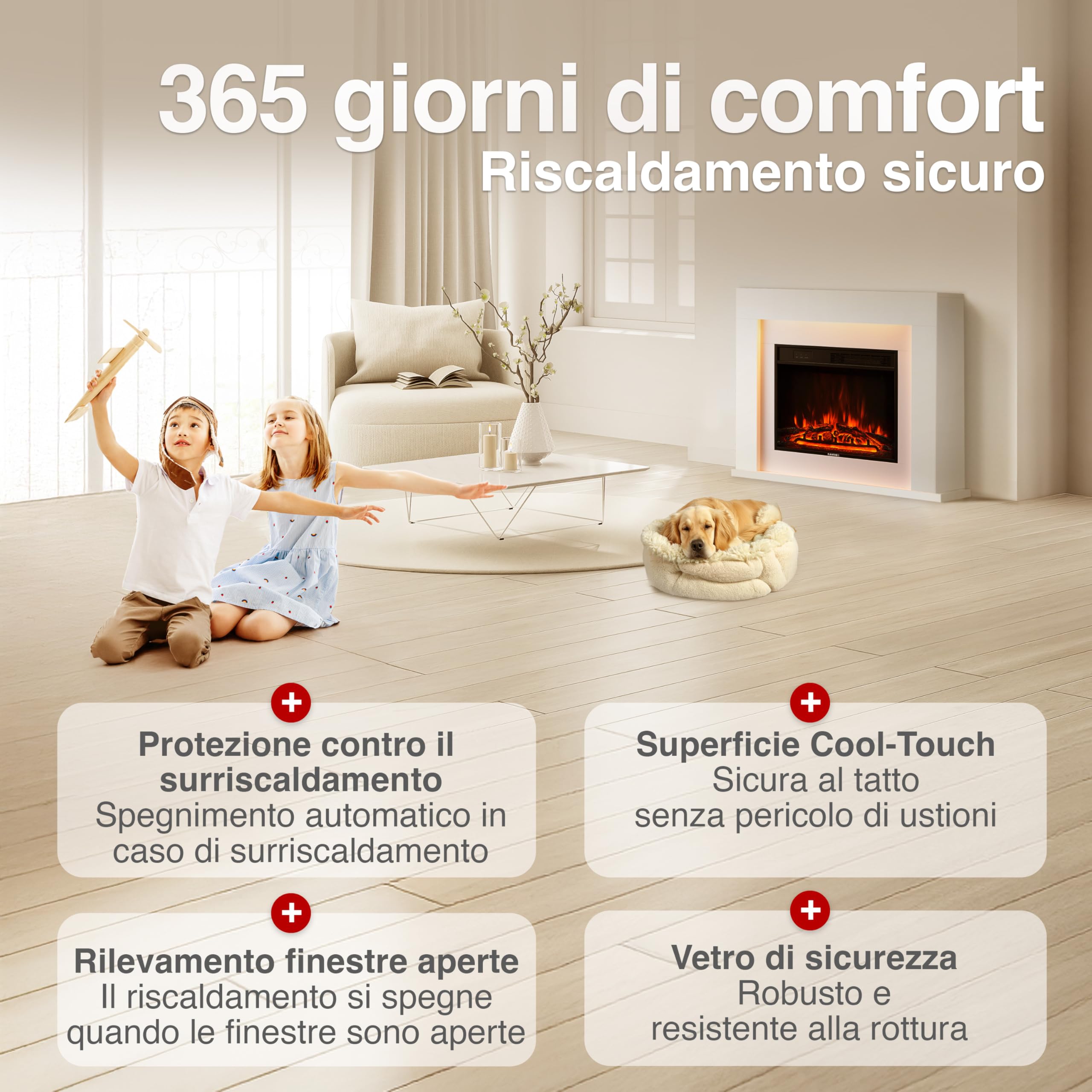 KAMINIO Camino elettrico Matti - Caminetto da pavimento con riscaldamento, effetto fiamma 3D, luce ambiente a LED, telecomando - 38 pollici (Bianco)