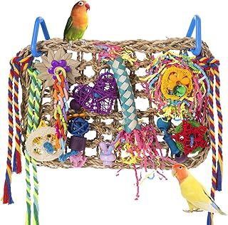 AFUOWER Bird Toys, Bird Foraging Shredding Toys for Parrot Parakeet Seagrass Woven Mat Chew Toys Hanging Hammock Toy for Lovebirds, Conures, Cockatiel, Finch and Small Birds (Hammock Wall)