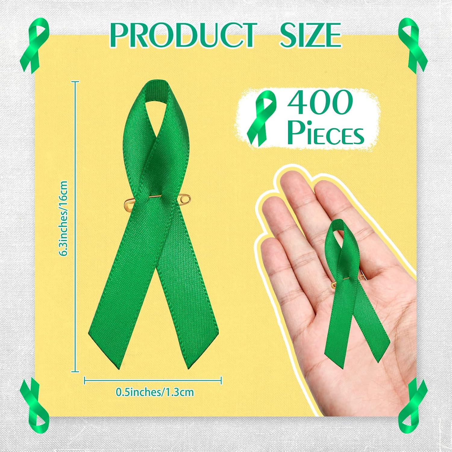 400 Pieces Mental Health Awareness Ribbon Green Satin Ribbon Lapel Pins Fabric Ribbons with Safety Pins for Women Men