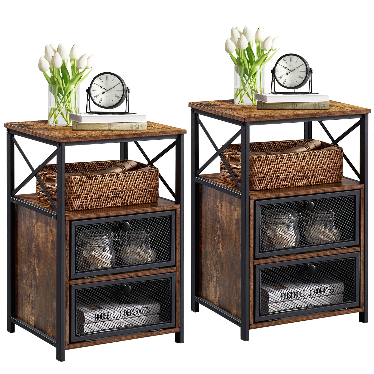 VECELO End Table with flip Drawer and X-Design Side, Modern Style studry Nightstand for Bedroom Living Room Office, Easy Assembly,2 Set, Retro Brown, (Set of 2)