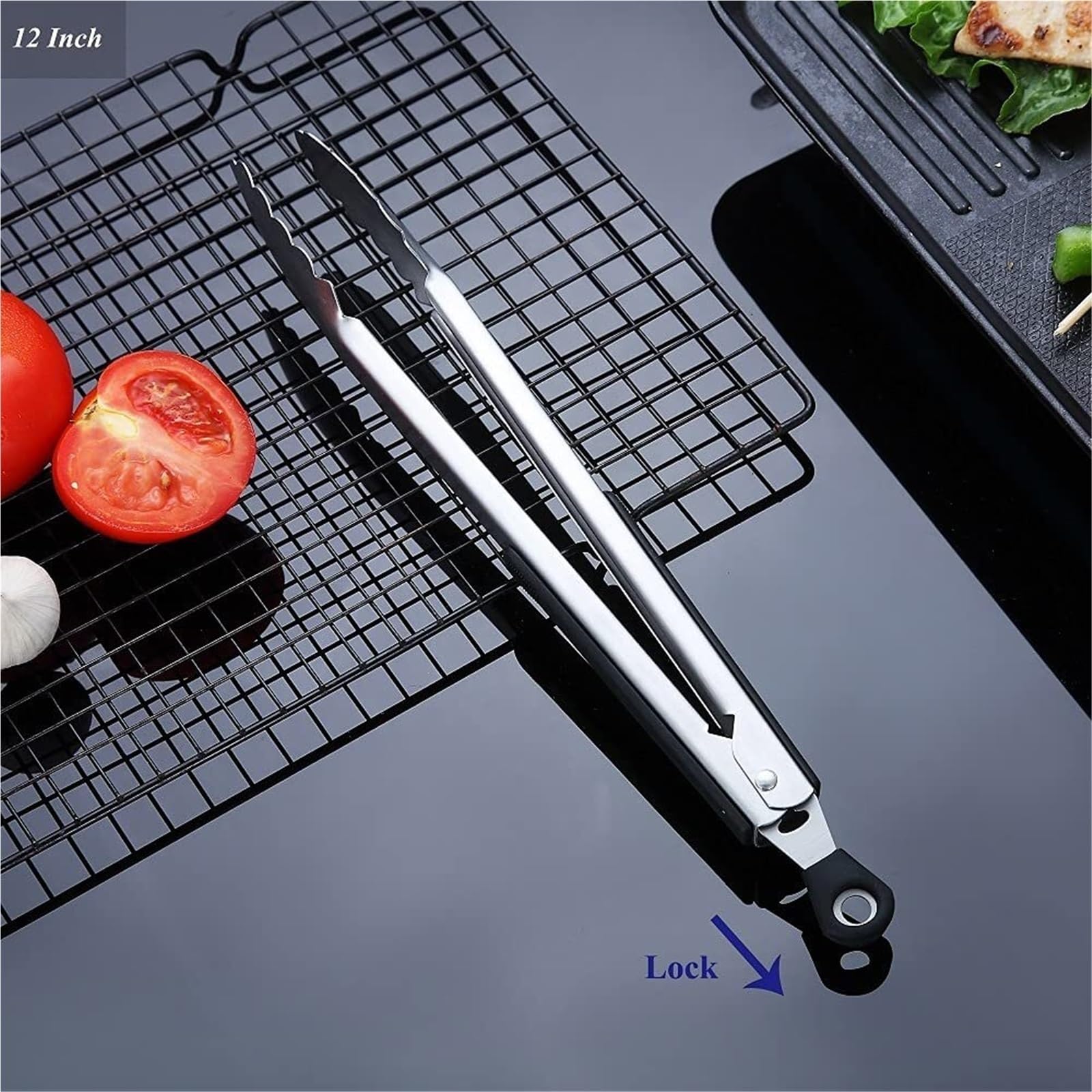 Küchenzange, Edelstahl-Grillzange for Kochen von Steaks, Rot und Schwarz, 20–44 cm(Black,42cm)