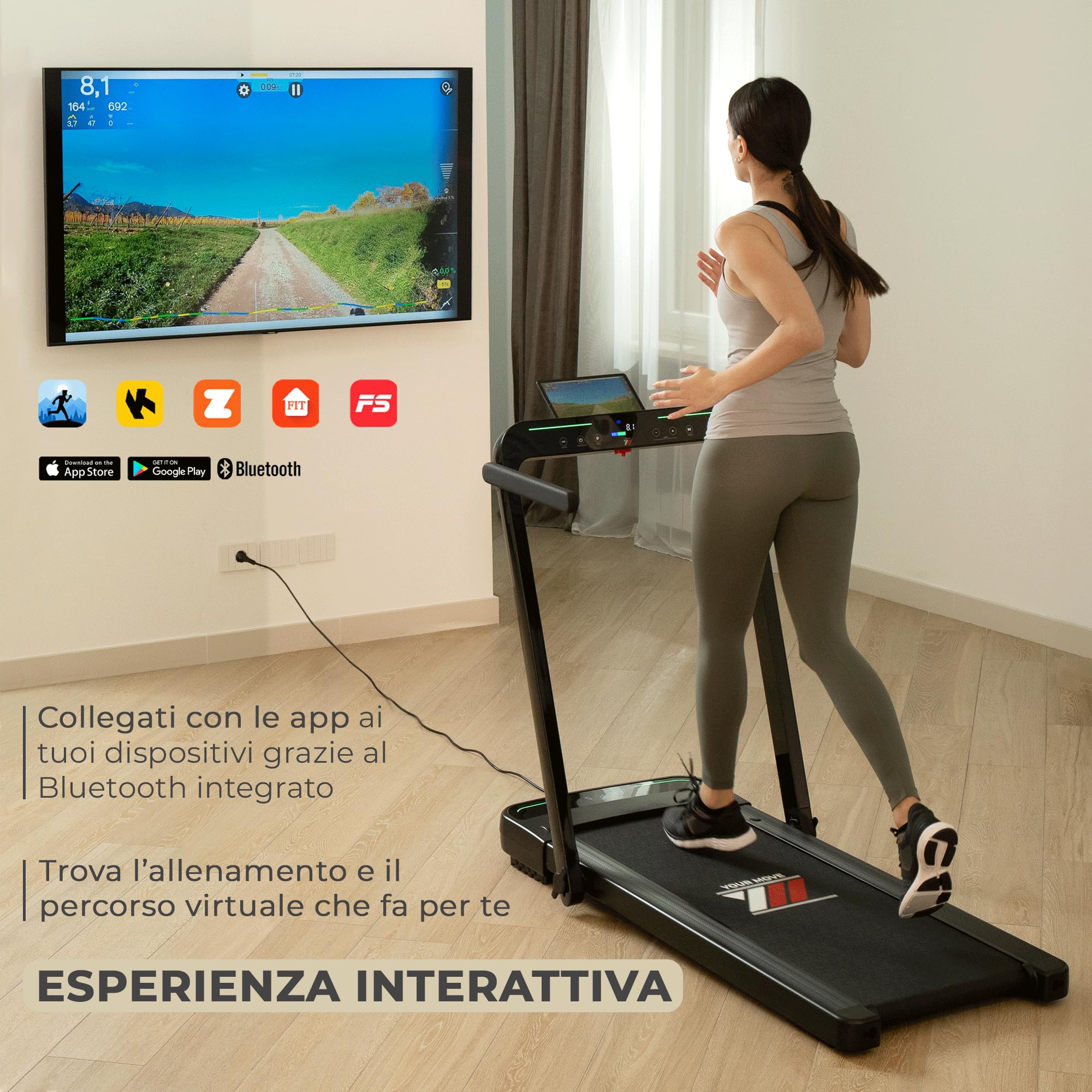 YM Tapis Roulant Elettrico Pieghevole Next 6000, 16 km/h, MARCHIO ITALIANO, Salvaspazio, Bluetooth + APP Interattive Kinomap Zwift Bitgym Fithome, Super Compatto (13 cm Da Chiuso), ASSISTENZA ITALIA