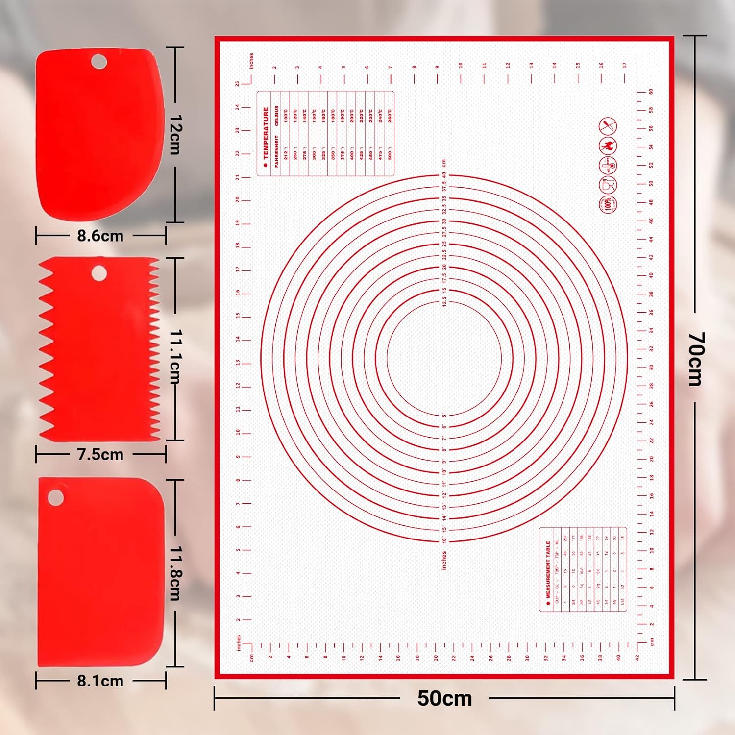 Reusable Silicone Baking Mat with 3 Scrapers, 70 x 50 cm, Non-Slip Mat and Utensils for Pastry, Macaroon, Biscuit