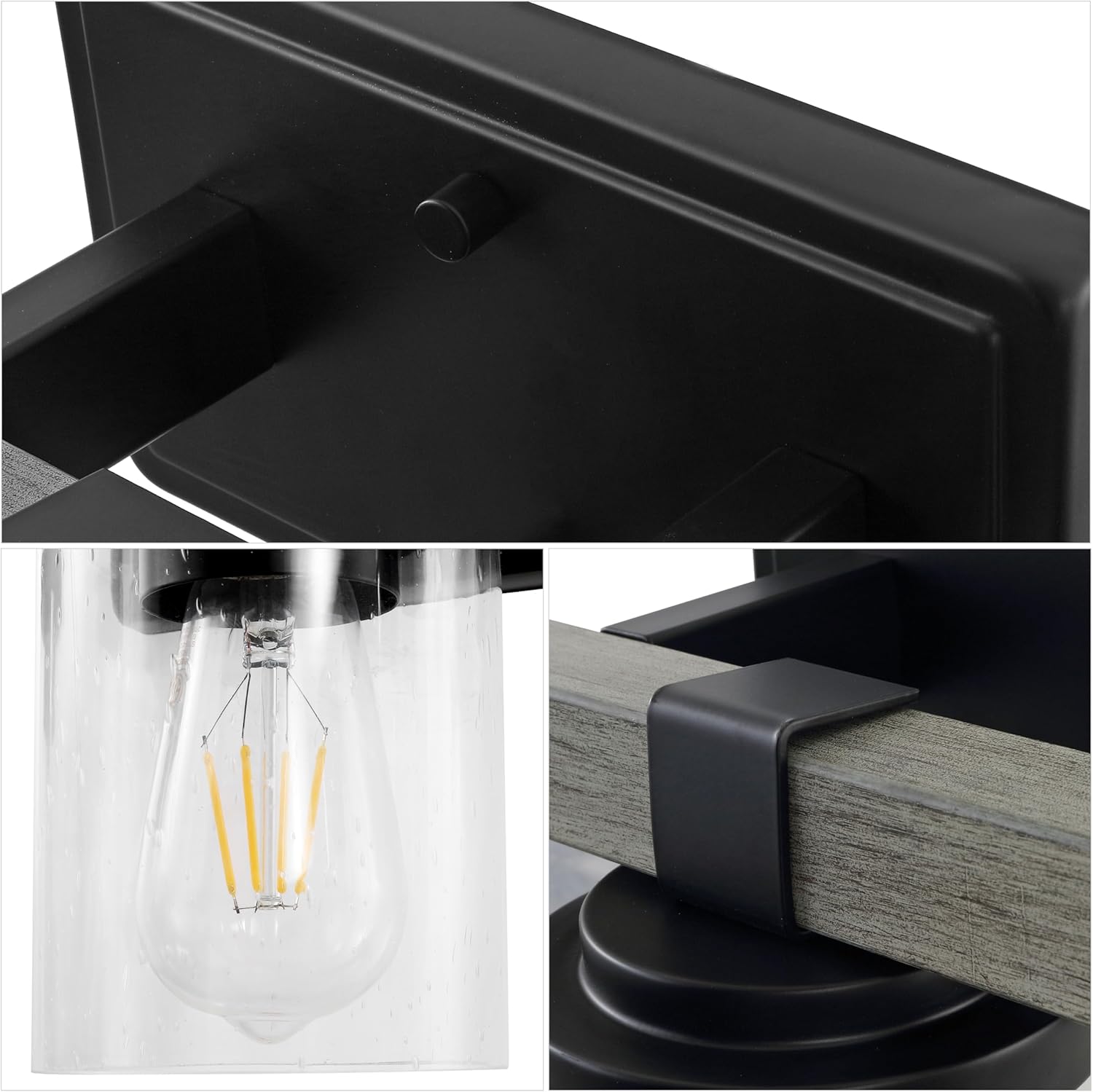 JONATHAN Y 32" Black/Gray Oak Wood Finish LED Vanity Light, Rustic Farmhouse Sconce, Clear Seeded Glass Shade, Industrial Wall Lamp for Bathroom Mirror, Kitchen Sink, LED Bulb (JYL7510B)