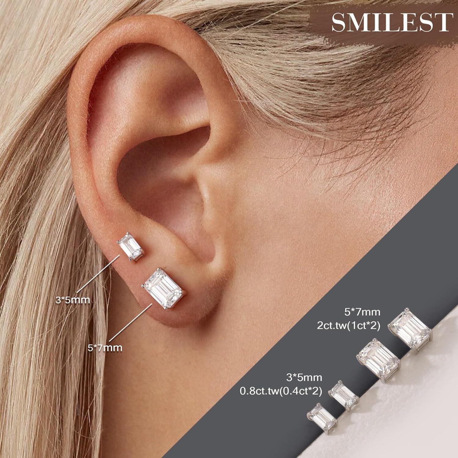 SMILEST 0.8-2CT Emerald Moissanite Earrings for Women Men, Lab Created Moissanite 925 Sterling Silver Moissanite Stud Earrings Birthday Gifts Earrings for Women Men - Image 5