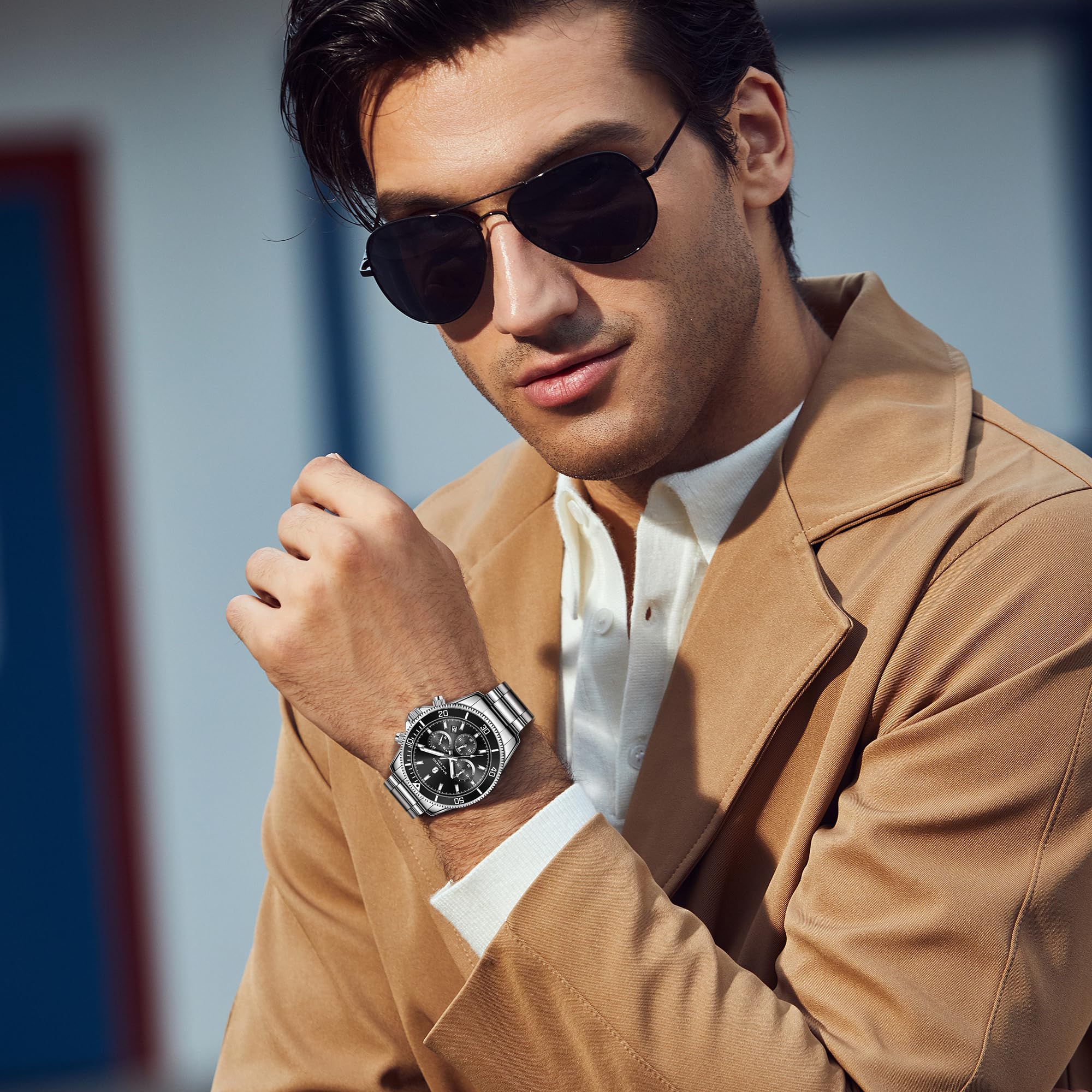 SAPPHERO Montre Homme en Acier Inoxydable Chronographe 50M Etanche Montres Analogique Quartz Date Classique Luxe Mode Montres Cadeau Élégant pour Hommes