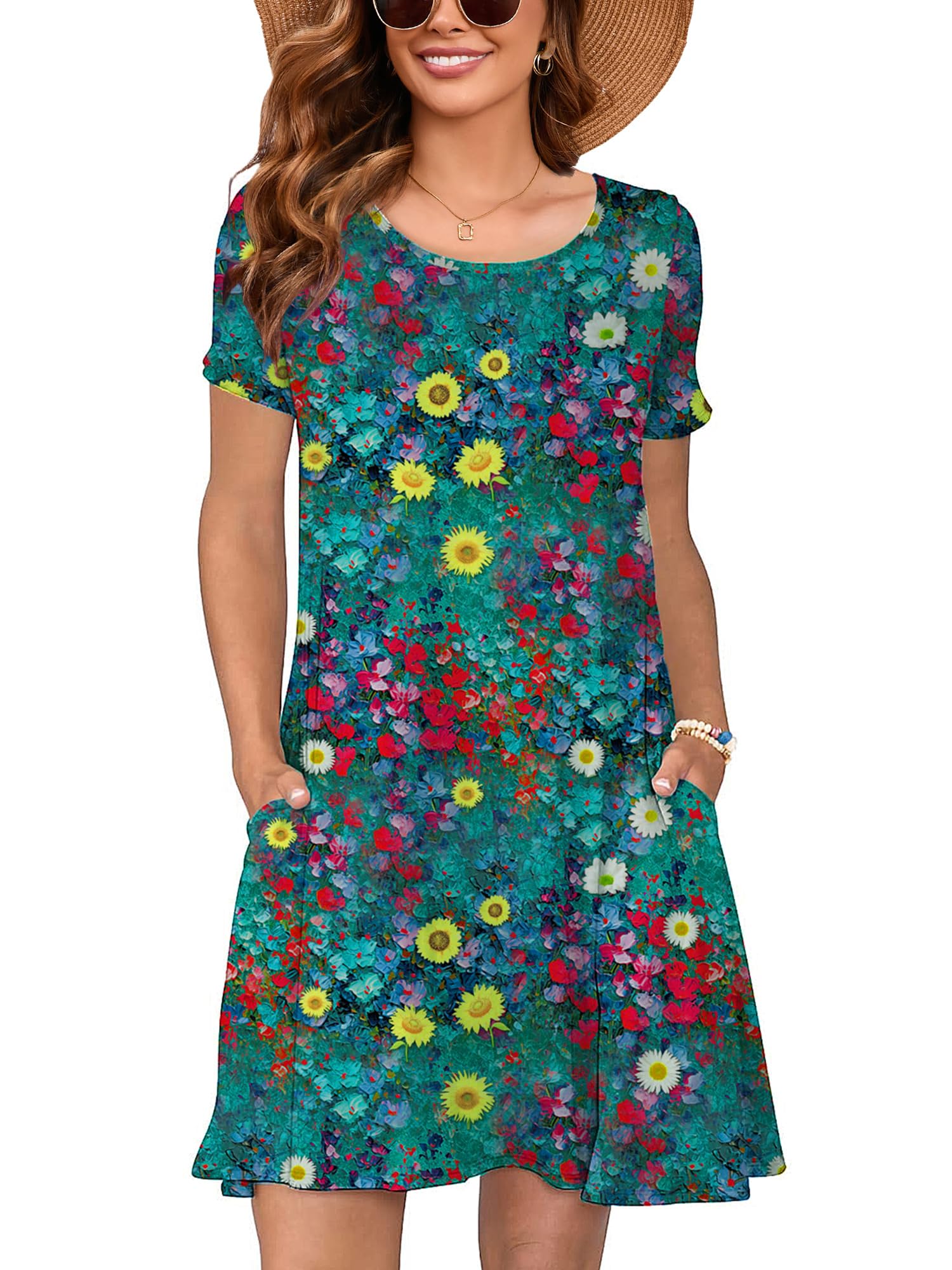 Heymoments Summer Dresses for Women Short Sleeve Crewneck Swing Sundress Casual A-Line Flowy Dress with Pockets S-2XL