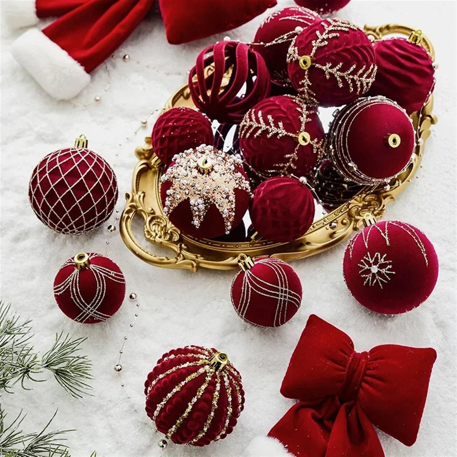 Bola de Navidad pintada de 8 cm, bola de Navidad de felpa roja, decoración de árbol de Navidad, adornos colgantes