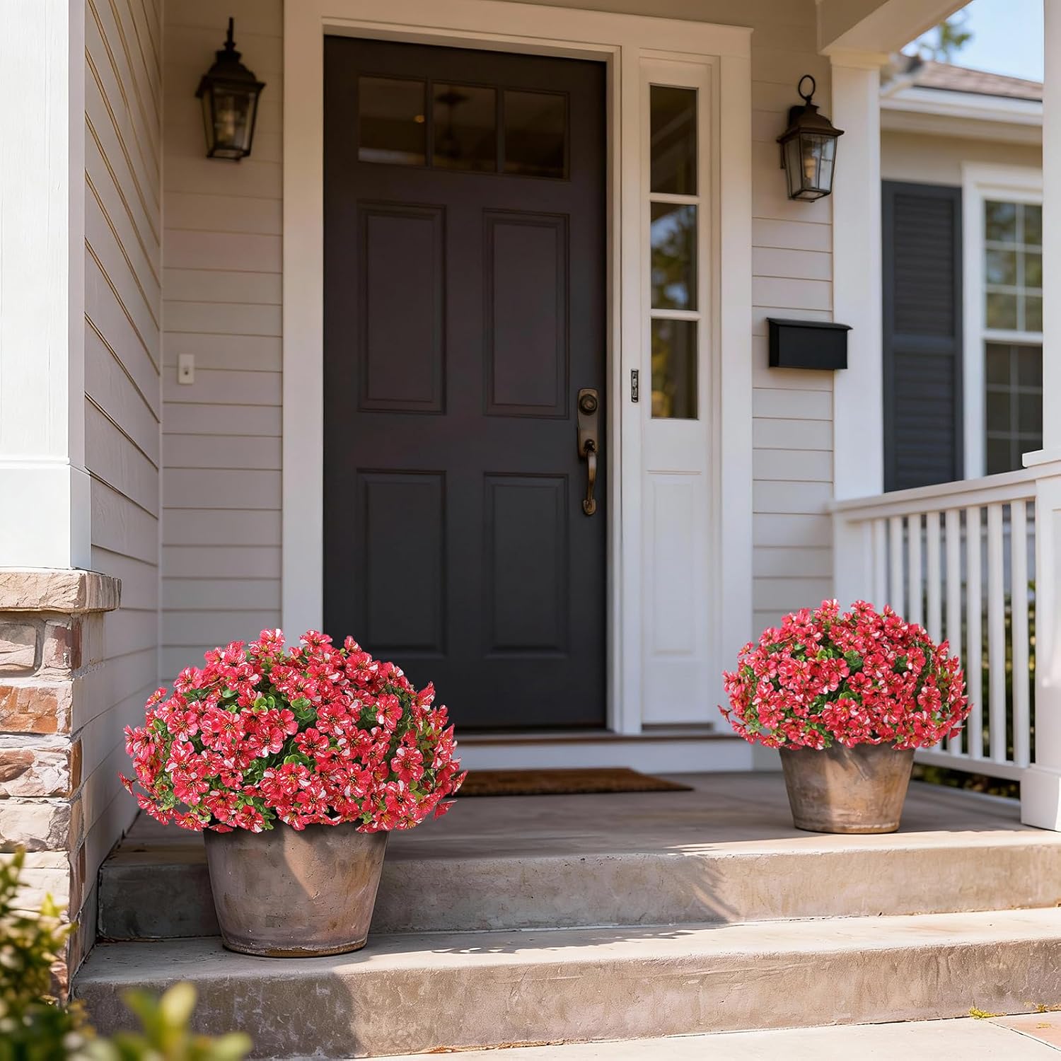 Artificial Morning Glory & Eucalyptus Topiary Trees - Set of 2 Faux Silk Flower Potted Plants, UV-Resistant Fake Outdoor Morning Glory Bushes for Front Door, Yard, Farmhouse, Garden Decor (Rose Red)