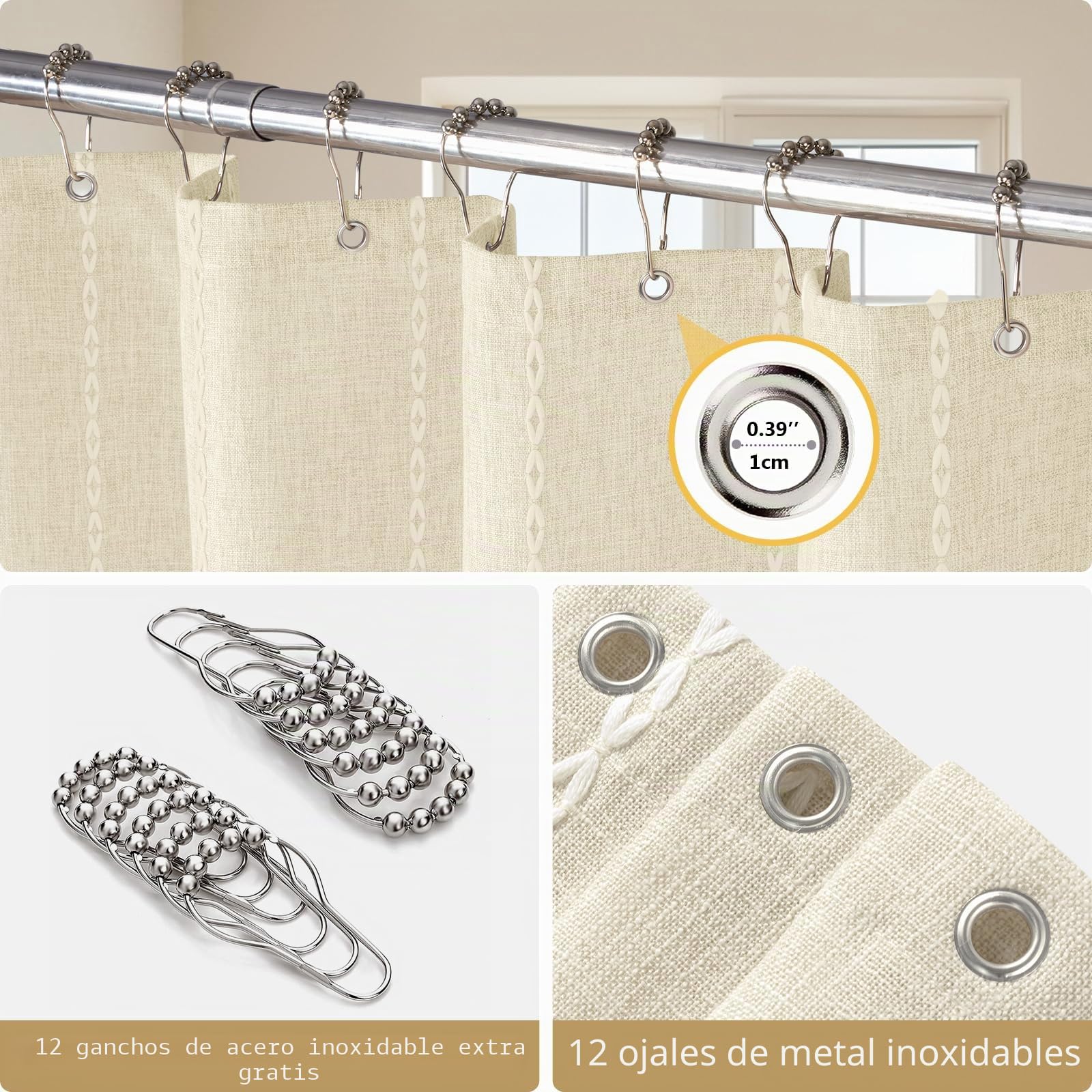 VANZAVANZU Cortina de Ducha de Rayas Bohemia - Cortina de Ducha de Lino y poliéster con Rayas Estilo rústico, Impermeable, Estilo rústico, Estilo Shabby Chic, 182 x 182 cm Beige