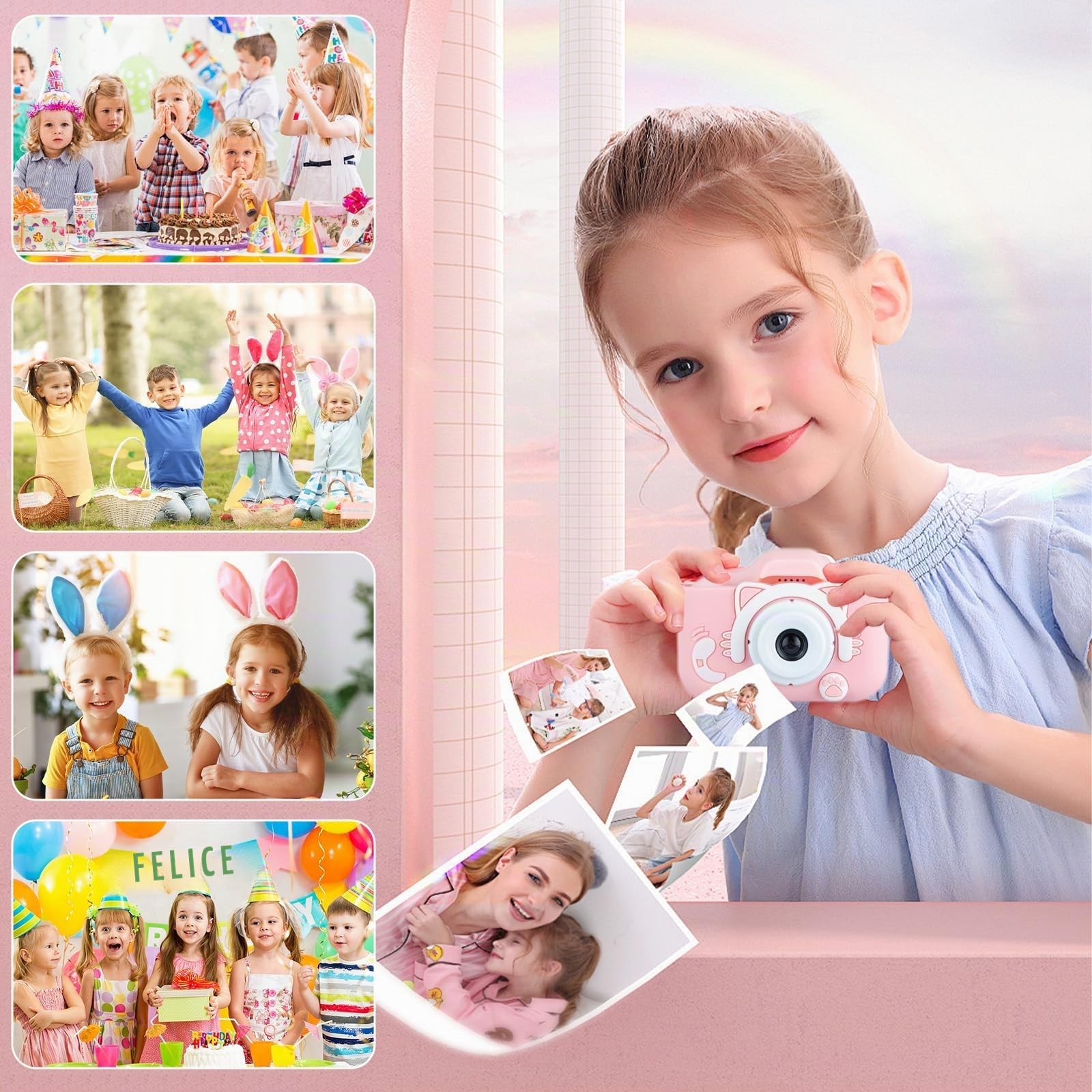 Mini Fotocamera Bambini Ricaricabile 1080P HD 2 Pollici – Macchina Fotografica Digitale 20MP con Doppio Obiettivo Selfie, Scheda SD 32GB e Custodia Silicone Antishock – Giocattolo Educativo, Regalo Id