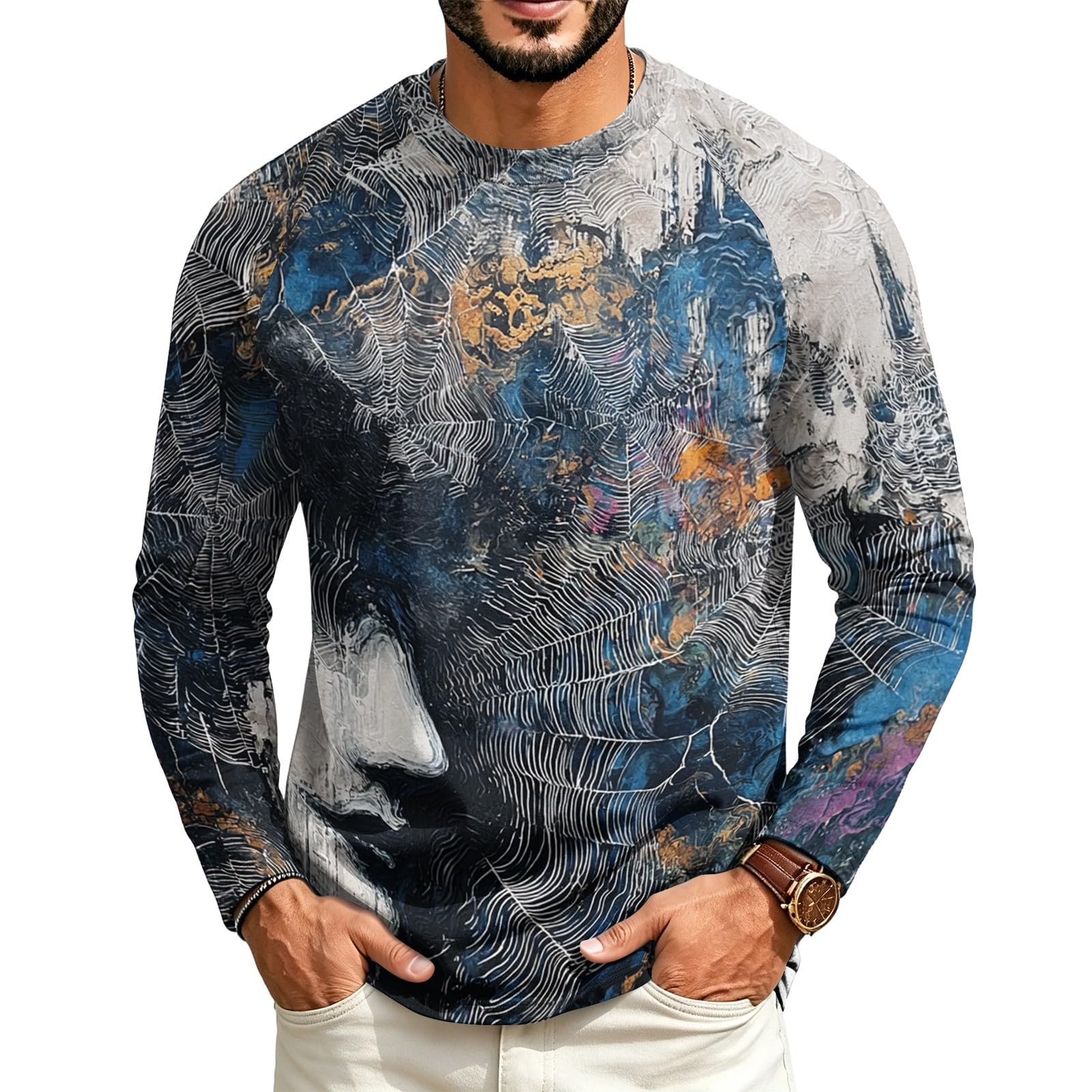 Halloween Crew Neck Shirts Costumes for Men Long Sleeve Fit Pumpkin Ghosts Print Casual Fashion Tops 2026,01-Dark Gray L — image 1