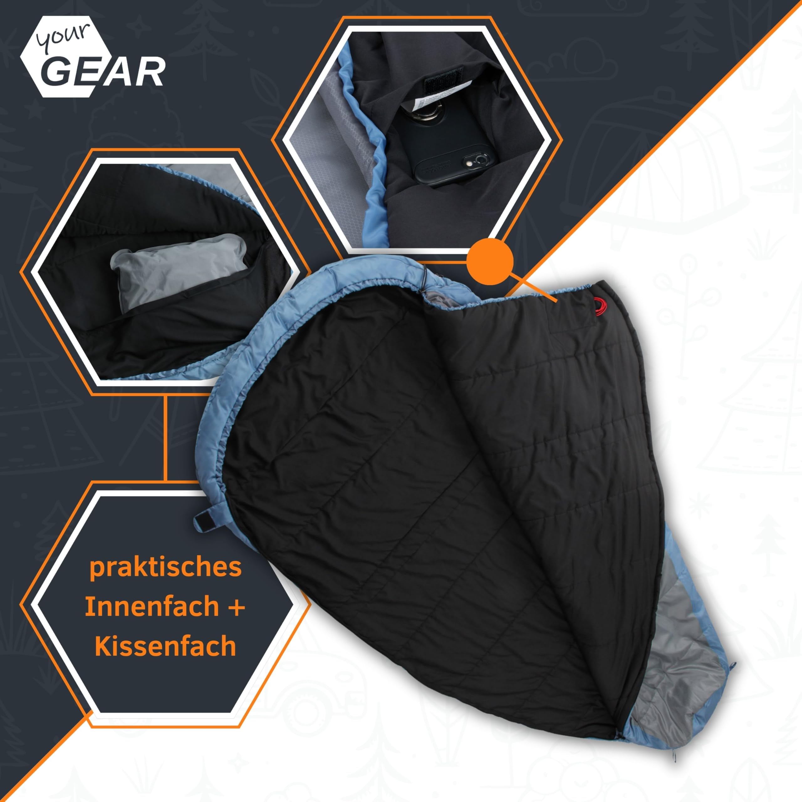 your GEAR Schlafsack Calima XXL - Extra Breiter Eiform Schlafsack 230x110 cm - Viel Platz für Seitenschläfer & Große Personen - 3 Jahreszeiten Campingschlafsack - Komfort +8 °C/Extrem -10 °C