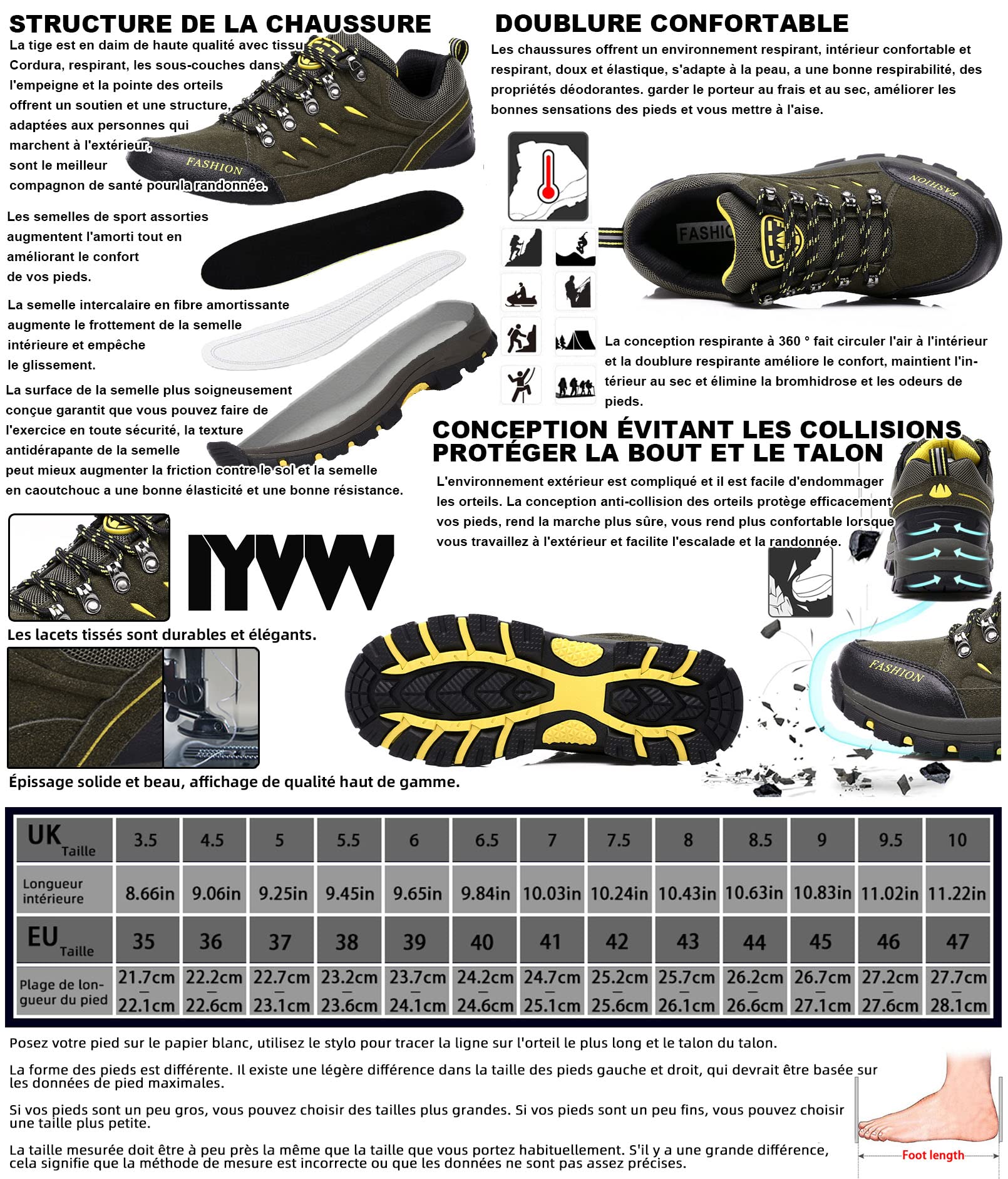 Chaussures de Randonnée Femme Homme, Chaussure de Marche Trekking Montagne Sport Chaussures de Trail Running Extérieure Antidérapant Semelle Impermeable Légères