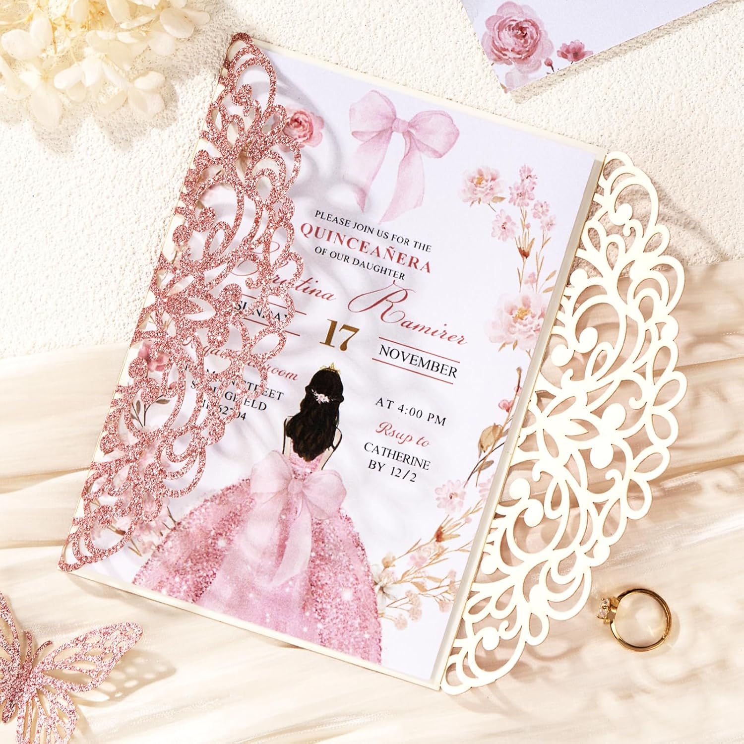 50PCS Wedding Invitation, Pink Butterfly Hollow Laser Cut Custom Invitations with Envelopes and Rsvp Cards for Quinceañera Engagement
