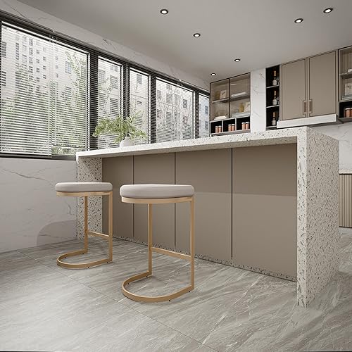 Miniatura 2 de Cortesi Home Elon Halfmoon - Taburete de mostrador en acero inoxidable dorado cepillado, tela suave marfil