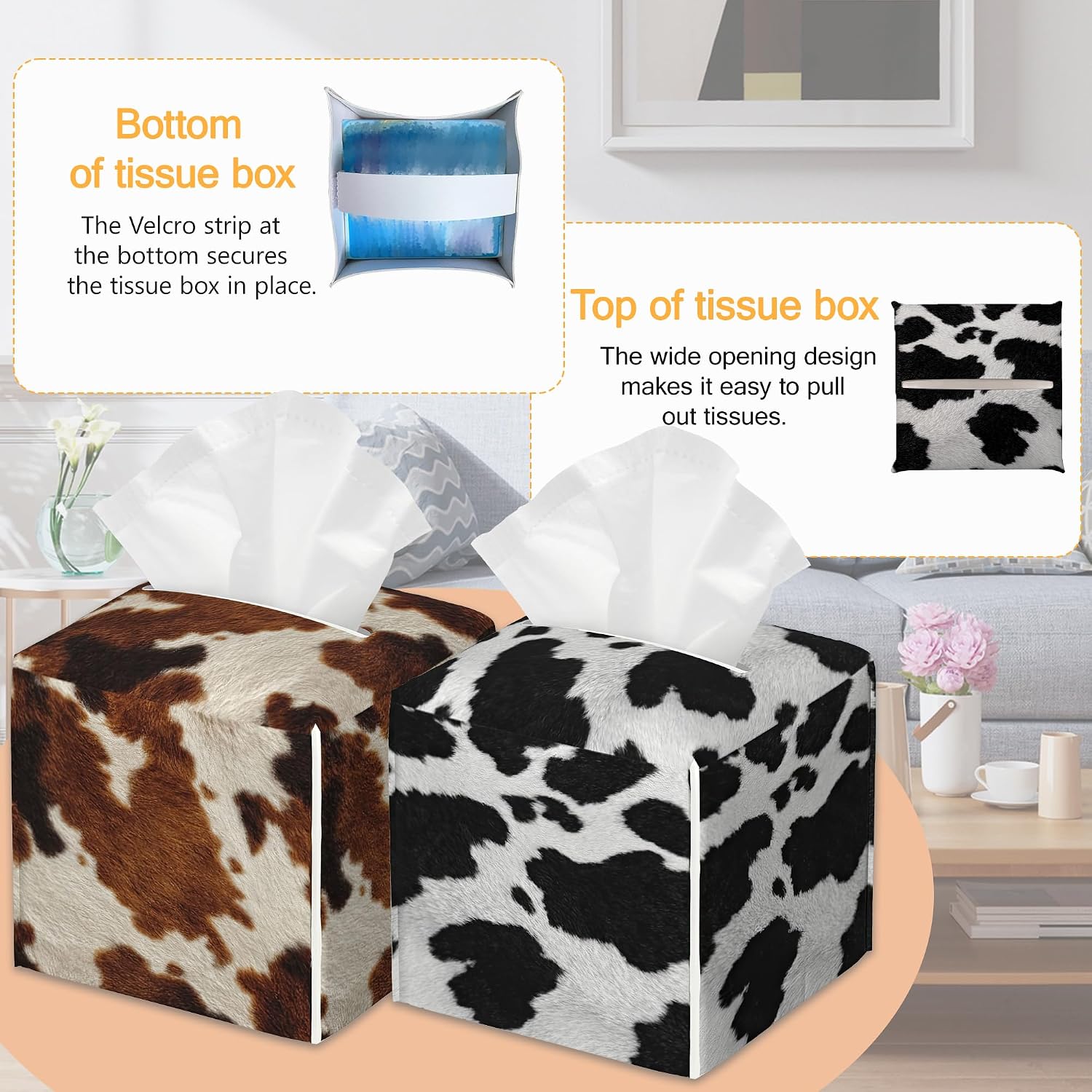 Black White Cow Print Leather 2 Pcs Tissue Box Cover Square Leather Tissue Case Holder Facial Paper Organizer Decorative for Bathroom Kitchen Car Office Home Decor image 4