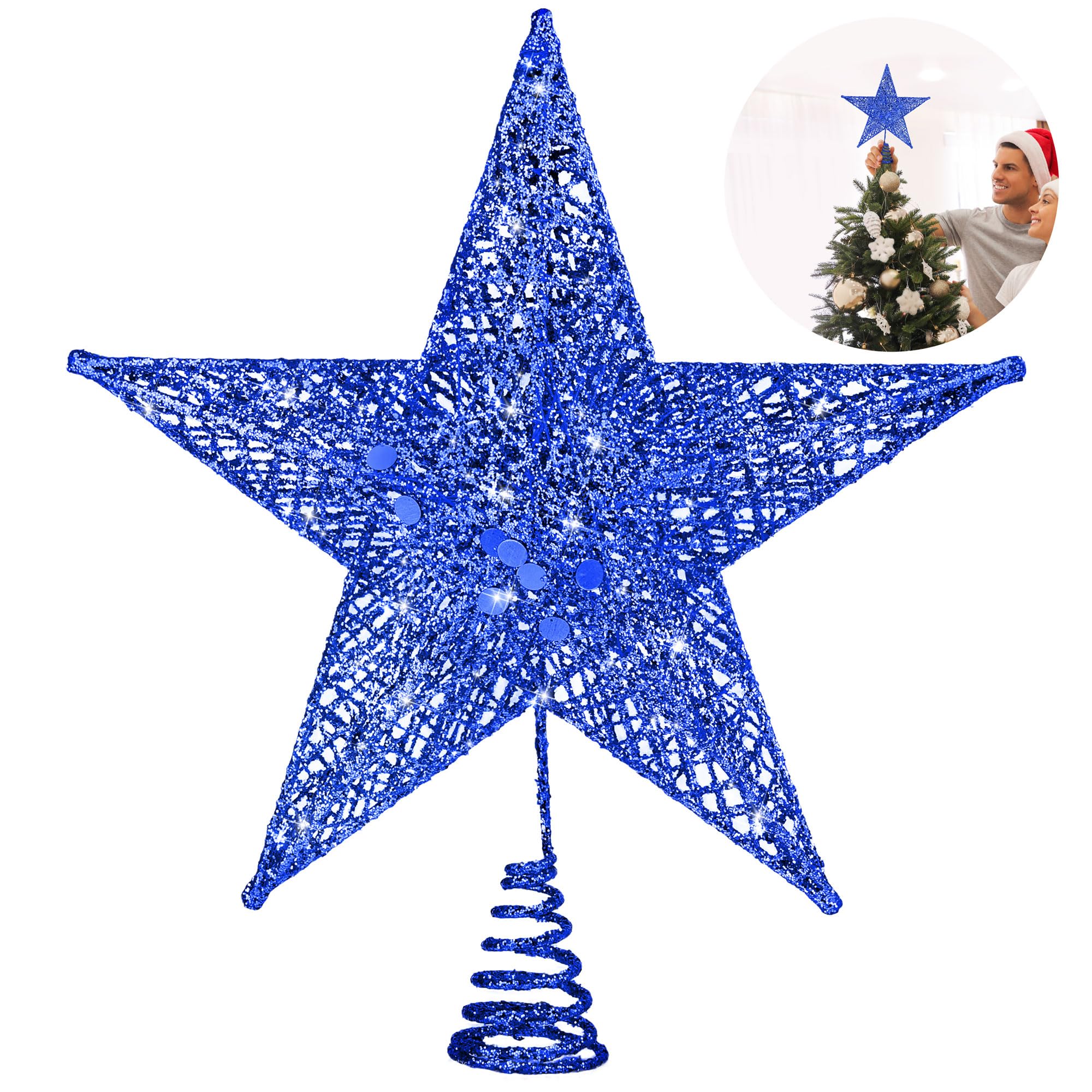 Fovths Christmas Tree Topper 8 Inches Metal Glittered Christmas Tree Topper Wire Star Treetop Sparkle Xmas Decoration for Christmas Tree Ornament Indoor New Year Holiday Party Supplies (Blue)