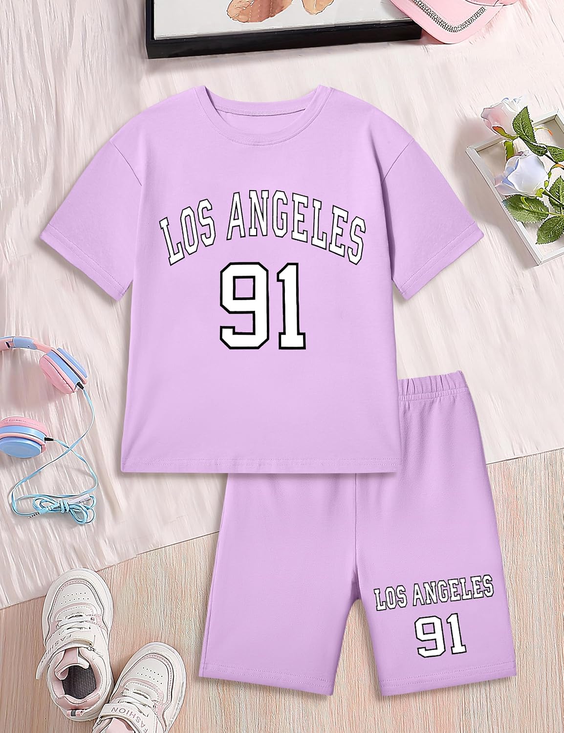 CRISONE Girls Clothes Summer Outfits Graphic Letter Print Tee Shirt + Biker Shorts 2Pcs Clothing Set 7-16T