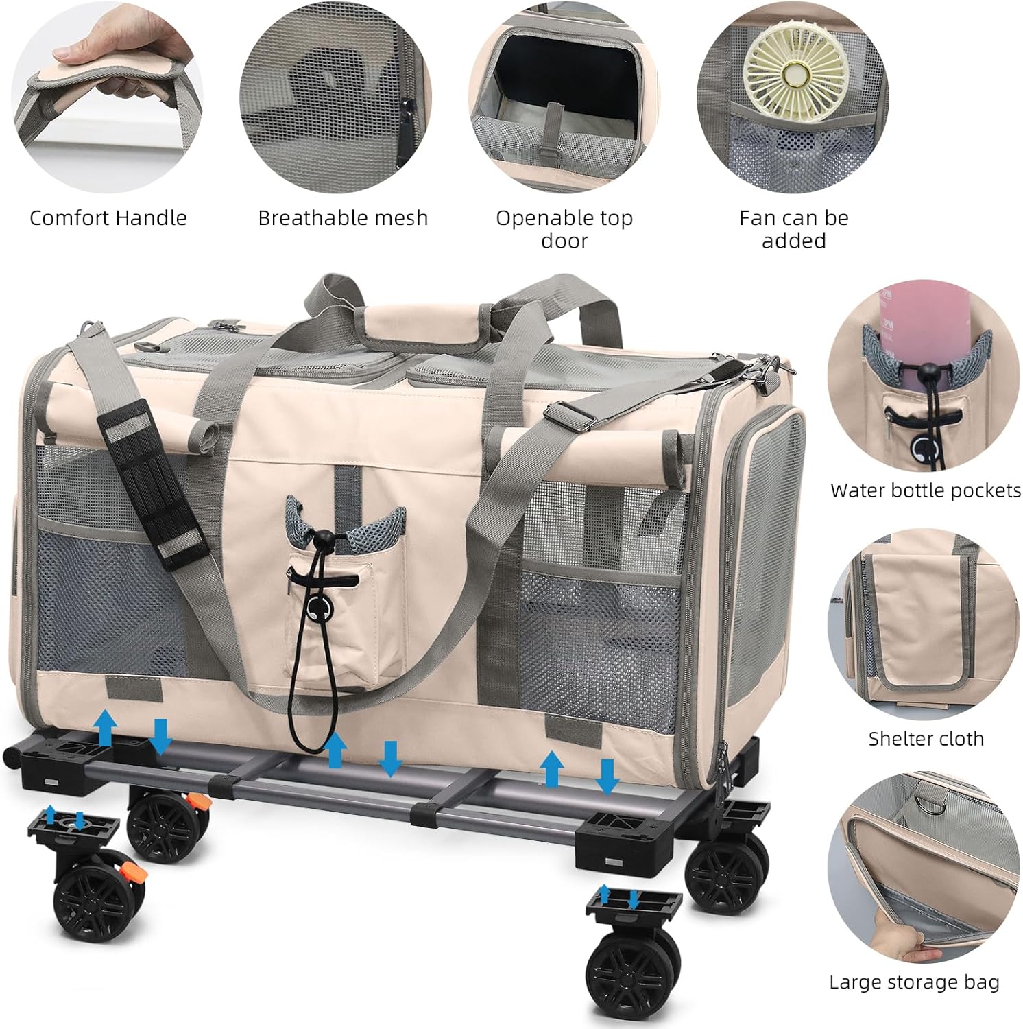 Foldable Large Pet Carrier with Wheels—Accommodates Two Pets, Includes cat Toy and Storage Strap. Breathable and Portable, Ideal for Hiking, Camping, and Travel (Beige)