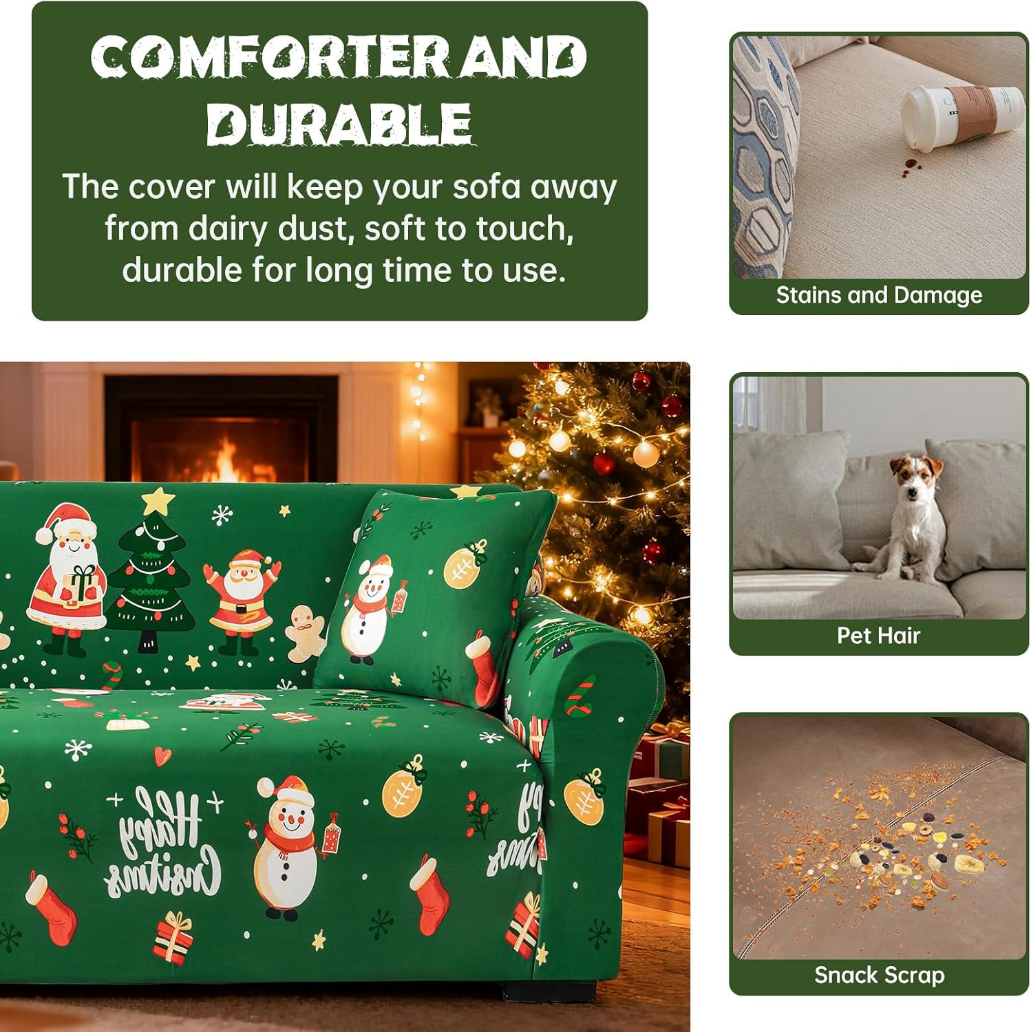 Anibedding Christmas Sofa Slipcover, Santa Claus Stretch Sofa Covers for 3 Cushion Couch, Green Christmas Furniture Protector Non Slip with Elastic Straps