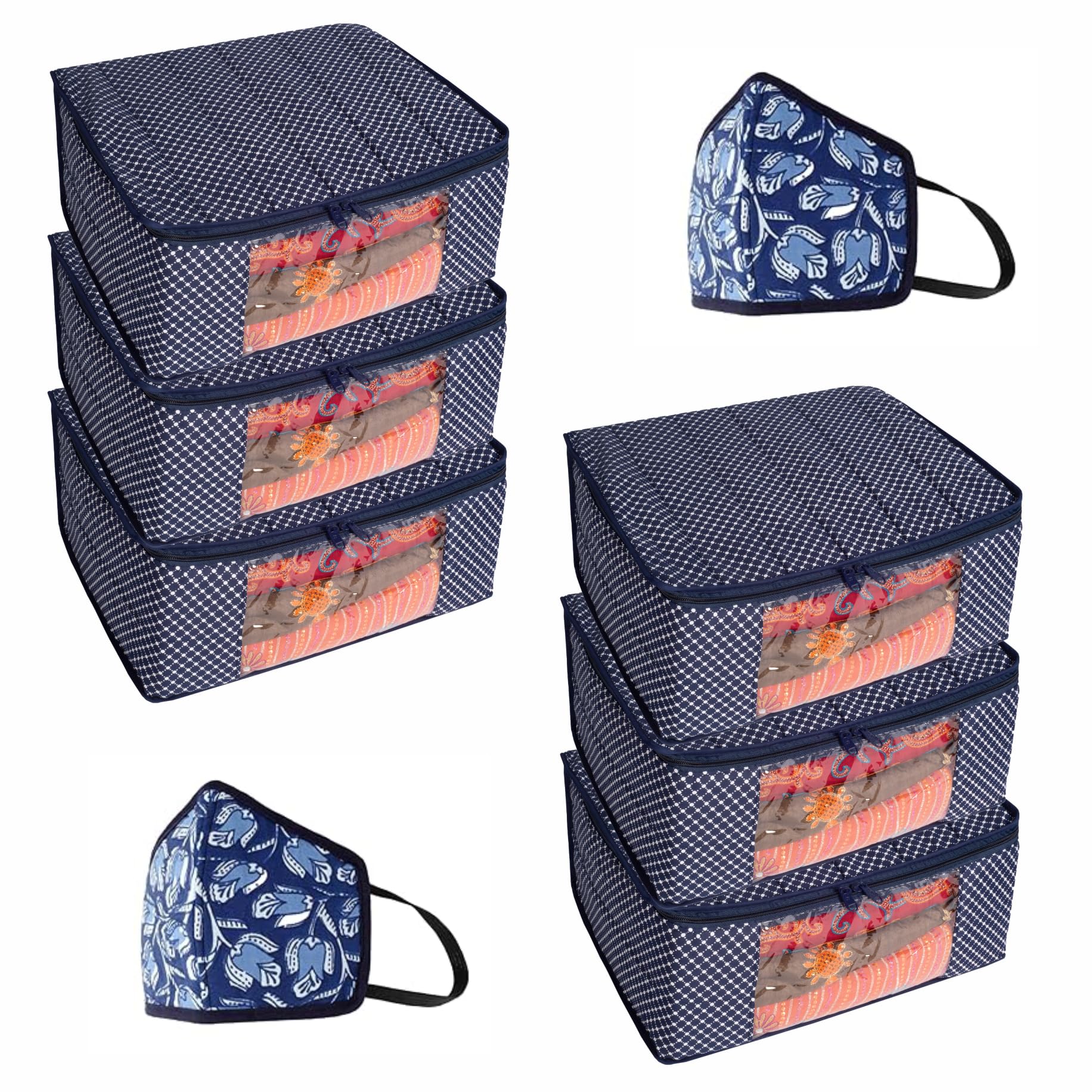 Homestrap 6 Cotton Quilted 3 Layered Foldable Saree Covers/Clothes Storage Bag/With Transparent Window & Zip (Navy Blue) 2 Printed Face Mask/Cover (Multicolour)(Featured on Shark Tank)