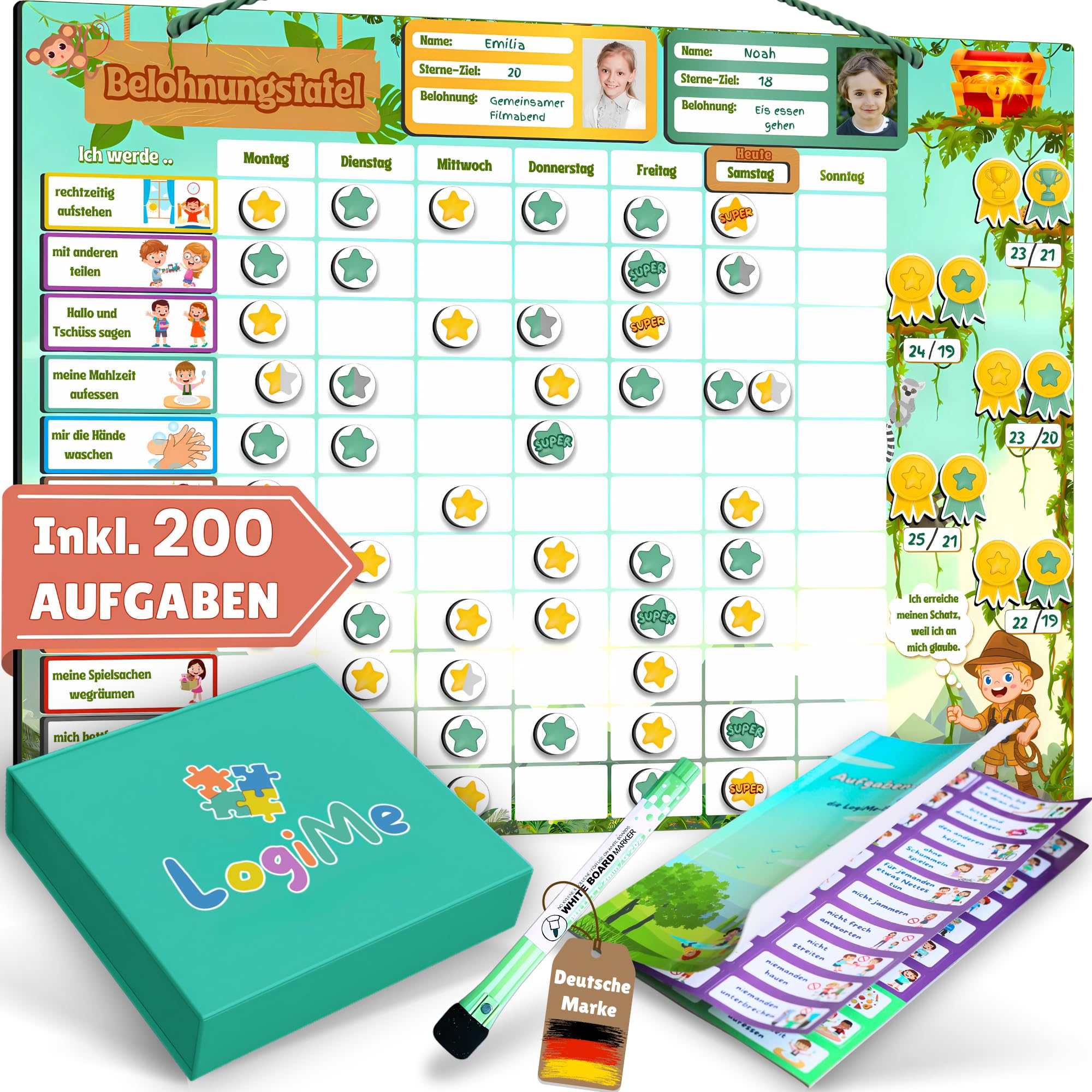 LOGIME 𝐋𝐨𝐠𝐢𝐌𝐞® Belohnungstafel für Kinder inkl. 200 AUFGABEN - XL Aufgabenplaner magnetisch- Montessori Belohnungssystem Wochenplaner ab 3 4 5 6 7 8 Jahre magnetische