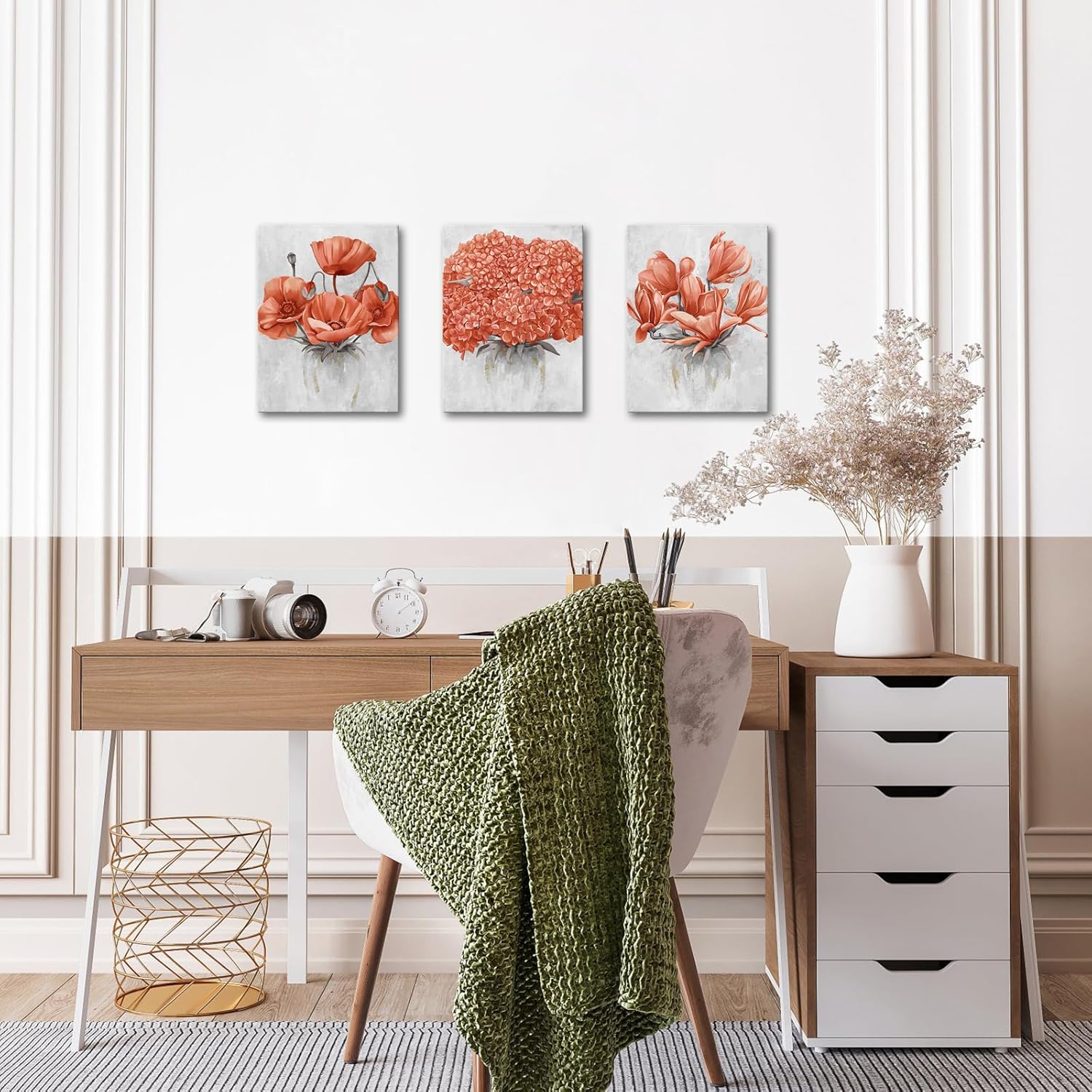 Visual Art Decor Flower Wall Art Bedroom Wall Decor Floral Decor Art Print Bathroom Living Dining Room Kitchen Pictures, Framed 12inx16inx3Pieces (Burnt Orange)