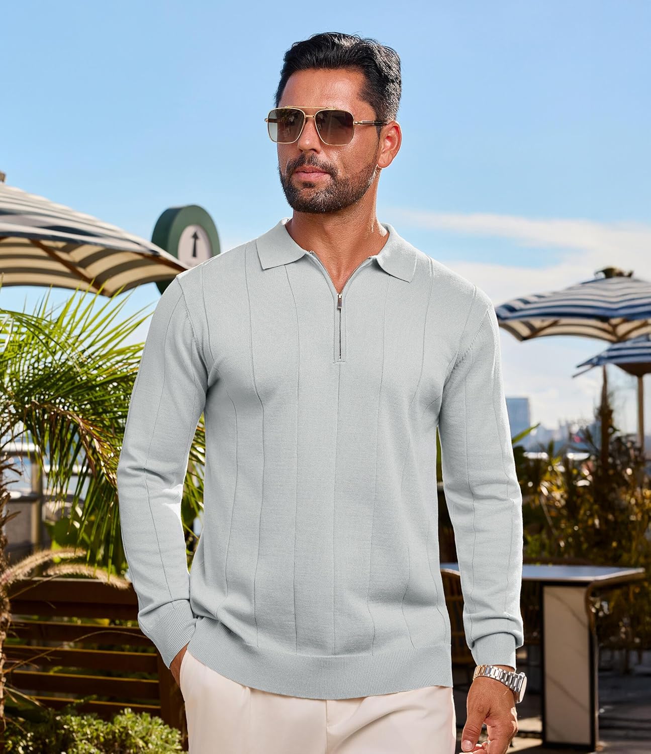 Lexiart Mens Knit Polo Shirts Long Sleeve Quarter Zip Polo Casual Fashion Slim Fit Golf Shirts - Image 4