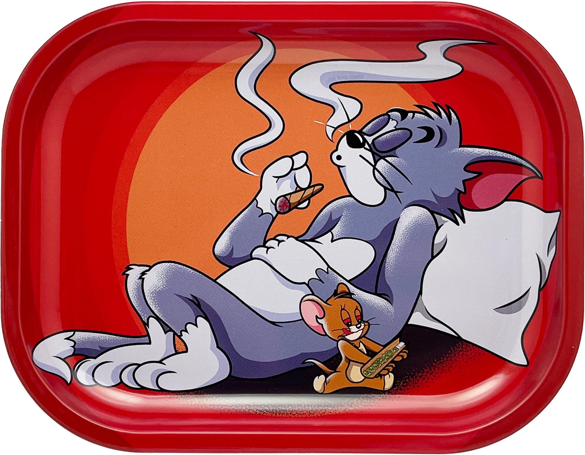 Rolling Tray - Durable 7"" x 5.5"" Cat and Mouse Funny Metal Cigarette Rolling Tray/Ashtray for Papers and Wraps - Roll with Style and No More Spills, Red, STGRT001