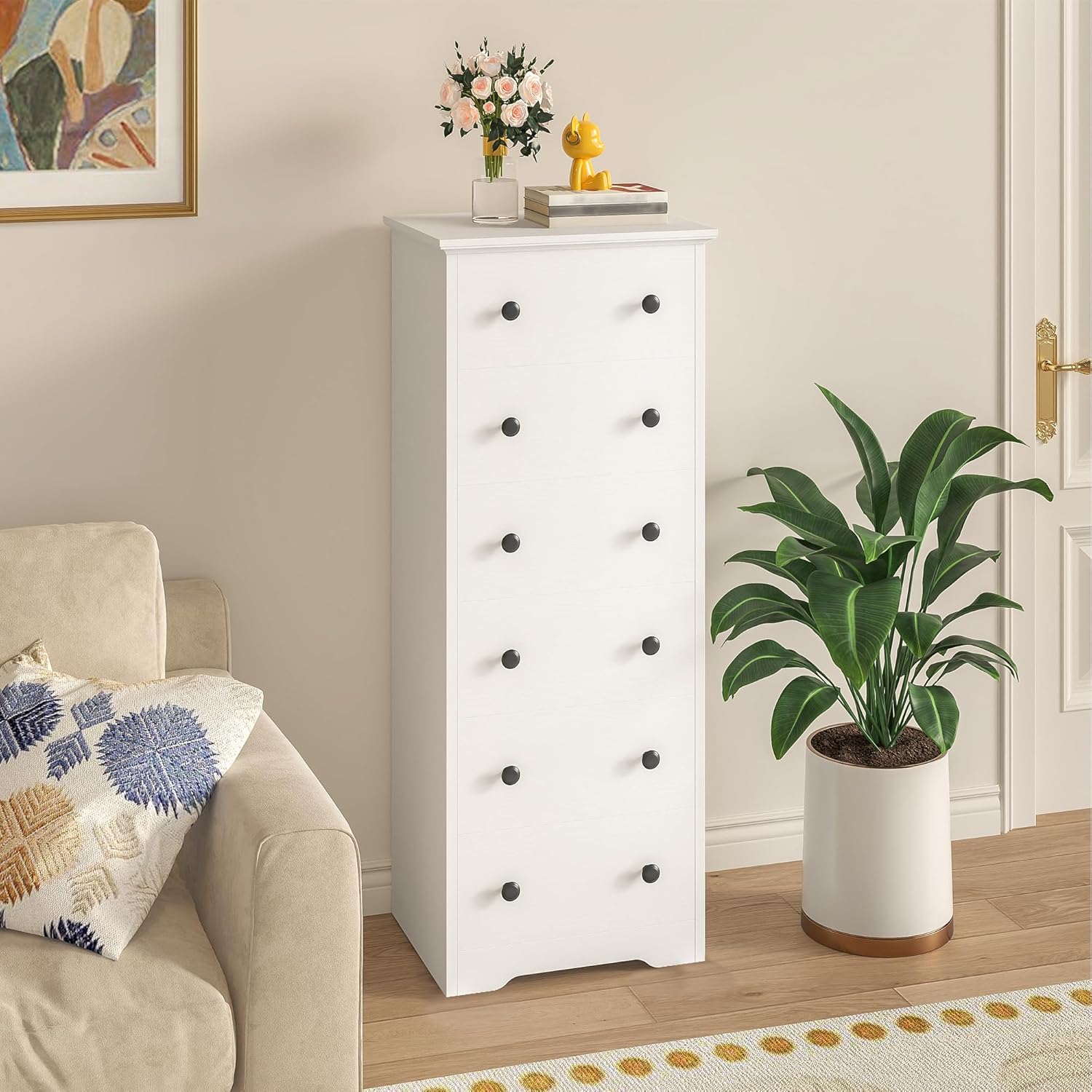 LIKIMIO Small Dresser Tall, 6 Drawer Tall Skinny Dresser with Colorful Handles, Chest of Drawers for Bedroom, 51.5" H Modern Wooden Floor Storage Cabinet with Metal Sliding Rail, White