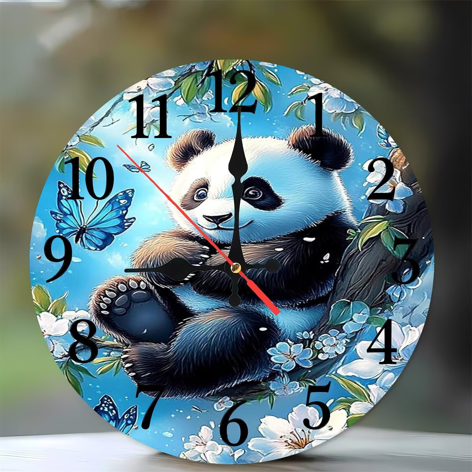 Horloge murale bois ronde 35 cm décoration intérieure panda fleurs papillon salon cuisine
