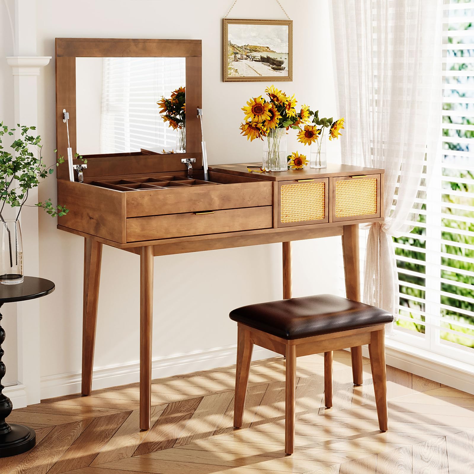 43.3" Classic Wood Makeup Vanity Set with Flip-top Mirror and Stool, Dressing Table with Three Drawers and Storage Space, Brown