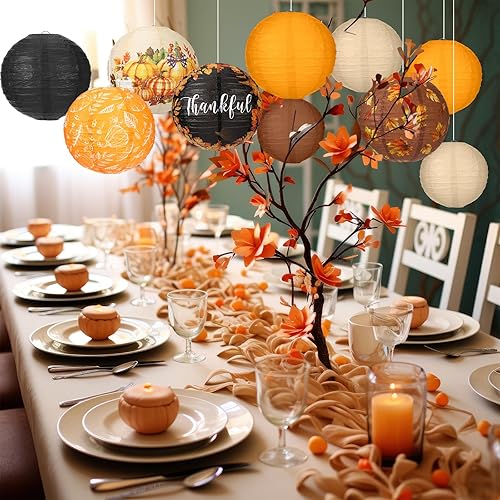Miniatura 6 de Bencailor 16 linternas de papel de Acción de Gracias, faroles de papel para fiesta de otoño, calabaza naranja, hojas de arce redondas y agradecidas,