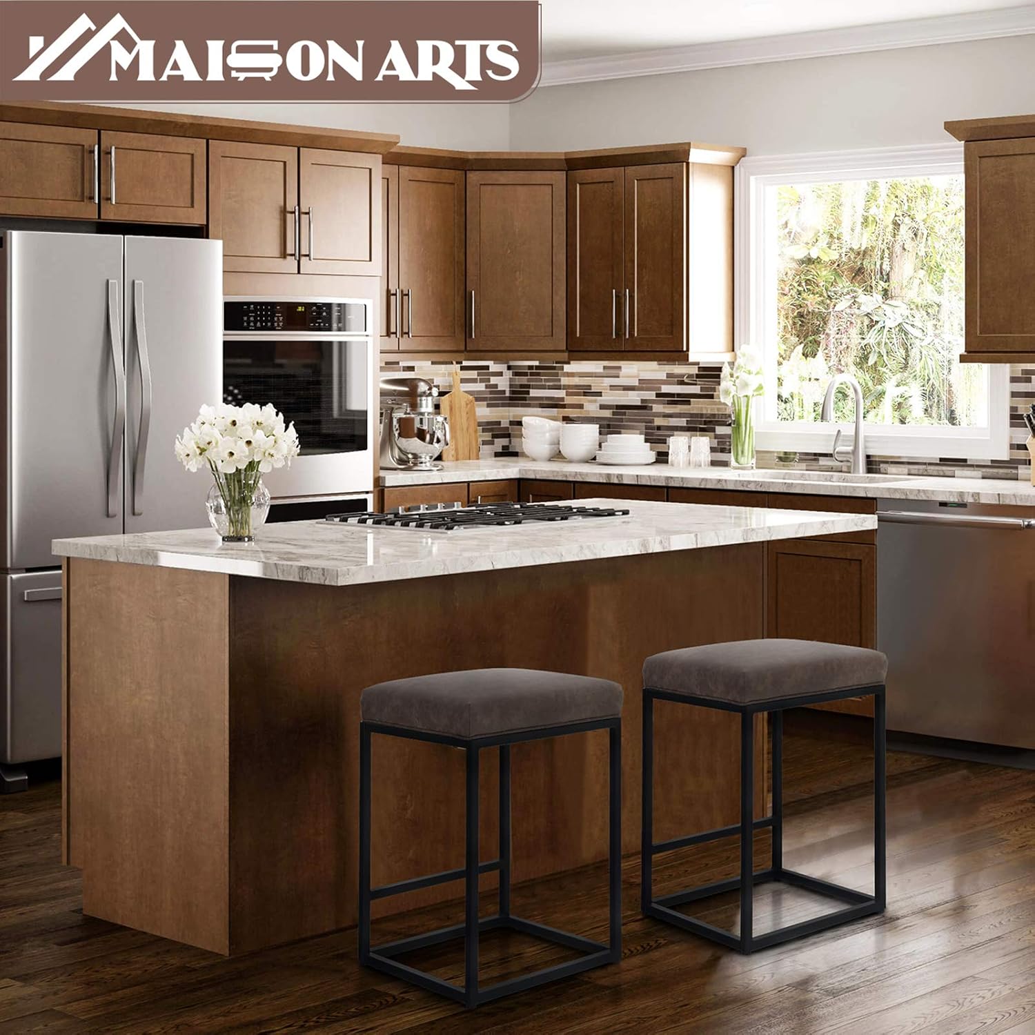 MAISON ARTS Counter Height Bar Stool for Kitchen Counter 24" Backless Industrial Stool Modern Upholstered Barstool Countertop Saddle Chair Island Stool,330 LBS Bear Capacity,1 Stool (24 Inch, Brown) : Home & Kitchen