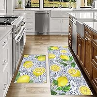 Vista 2 de Juego de 2 tapetes de cocina de acuarela de limón, juego de 2 tapetes de cocina antideslizantes y lavables para el suelo, 2 piezas, decoración