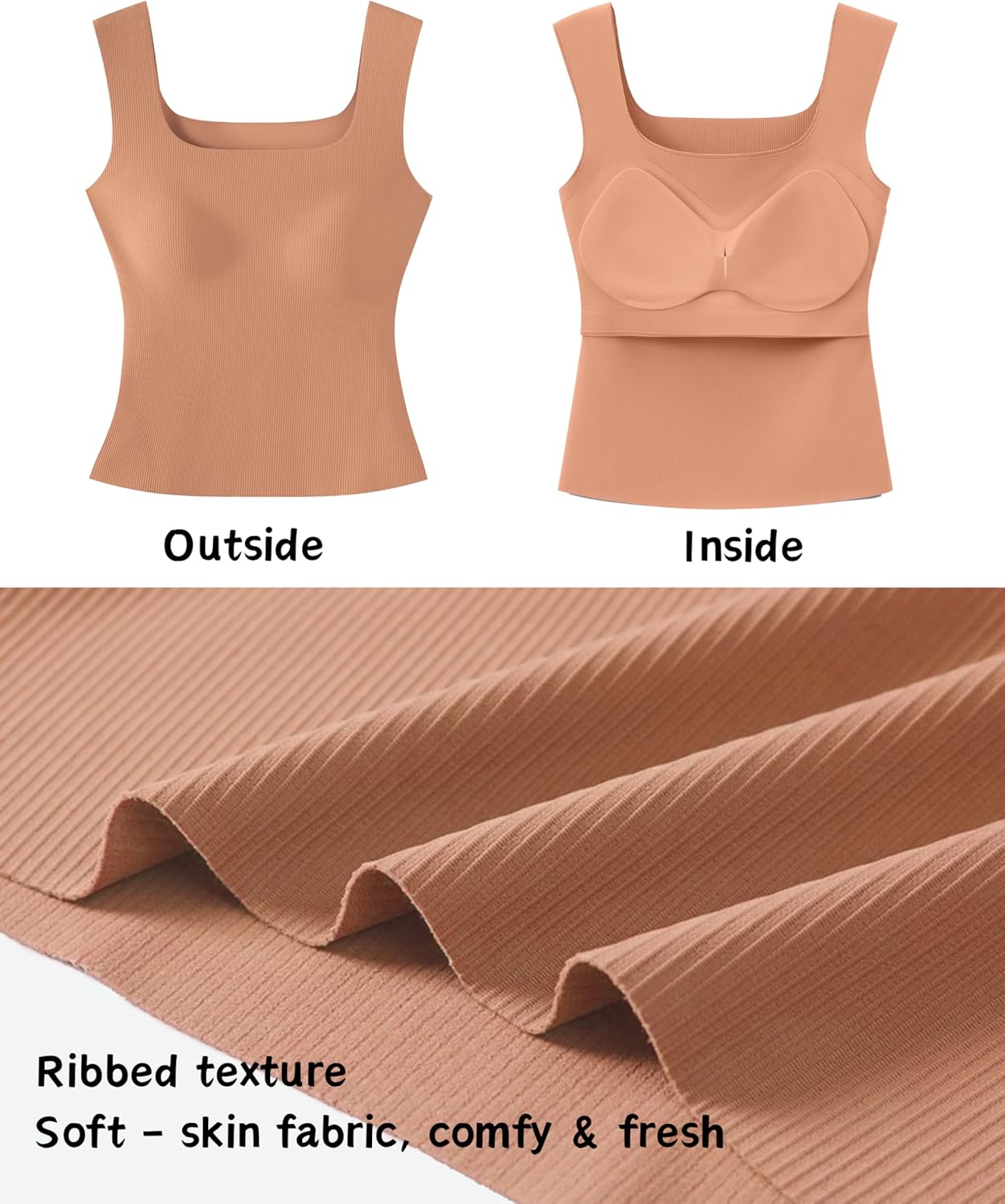 Women's Built-in Bra Tank Top Ribbed Slim Fit Summer Wirefree Shelf Padded Tank Shirts Wide-Strap Square Neck - Image 2