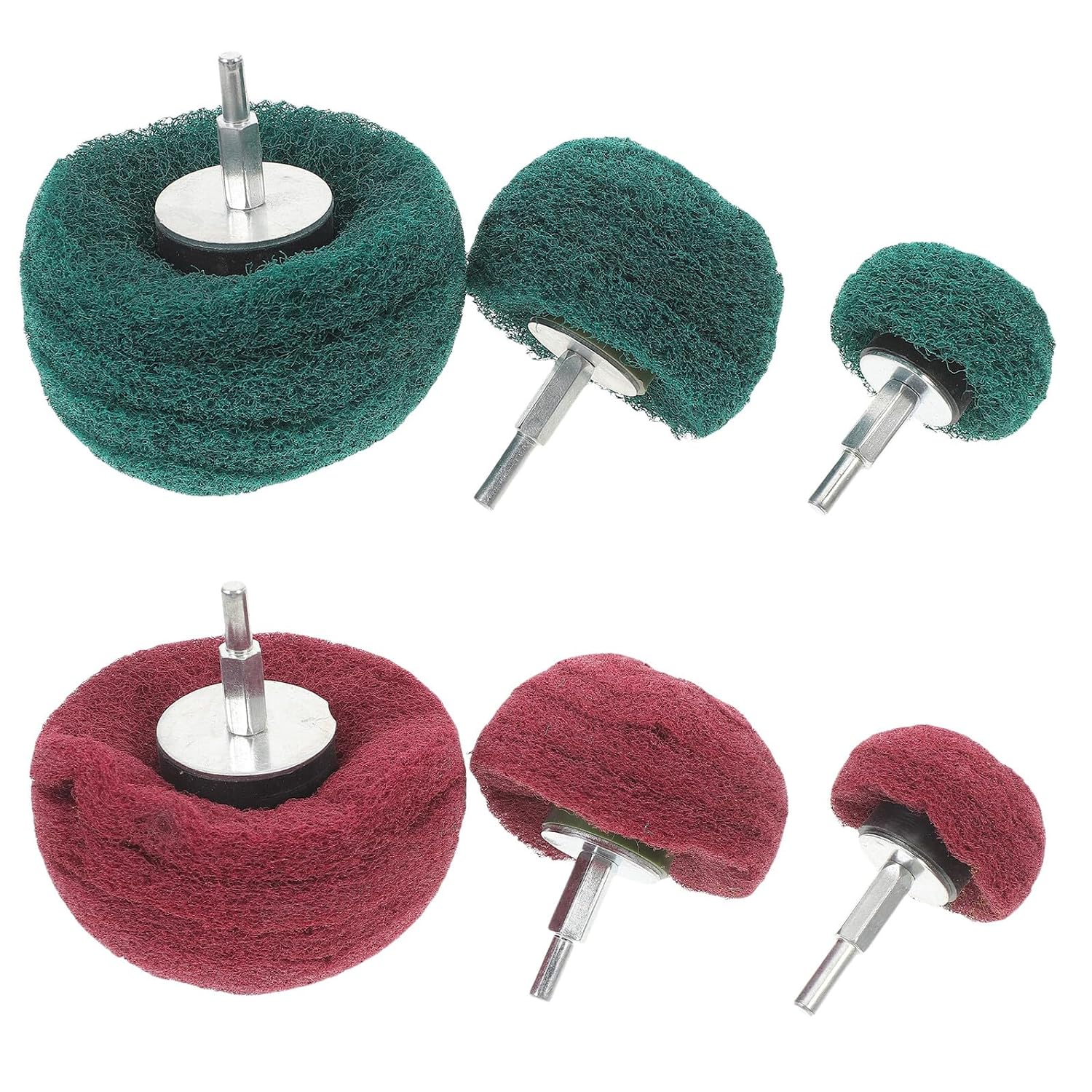6pcs Mushroom-Shaped Polishing Buffing Wheels Set with 6mm Shank, Stainless Metal Filament Grinding Heads for Drill, Multi-Size 100mm/75mm/50mm, Red and Green, Polishing Repair