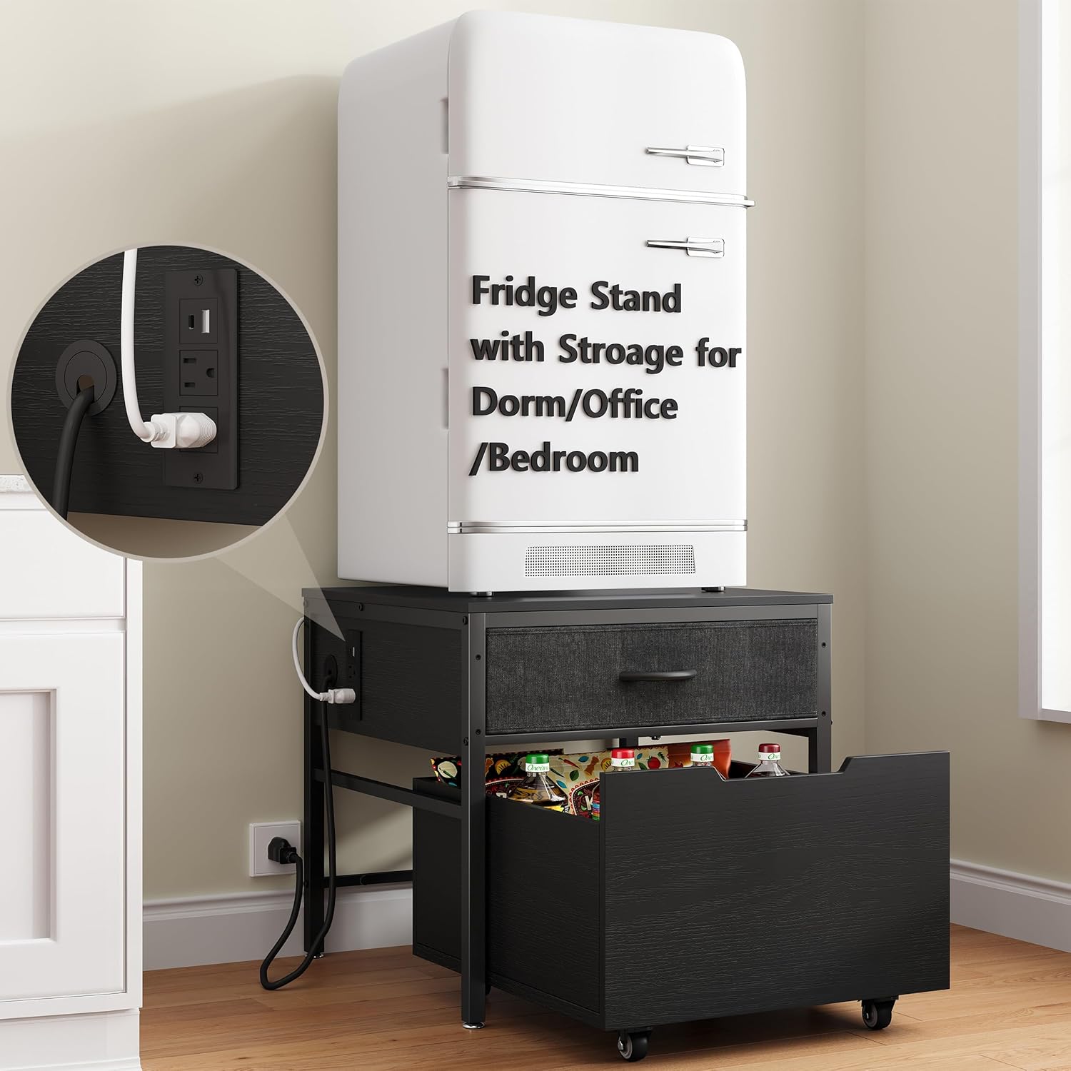 Mini Fridge Stand Cabinet Table Station With Storage Drawers For Dorm Refrigerator To Sit On, Heavy Duty Small Cart With Wheels, Black Office Beverage Shelf and Power Outlet, Sturdy Bedroom Nightstand