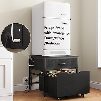Mini Fridge Stand Cabinet Table Station With Storage Drawers For Dorm Refrigerator To Sit On, Heavy Duty Small Cart With Wheels, Black Office Beverage Shelf and Power Outlet, Sturdy Bedroom Nightstand