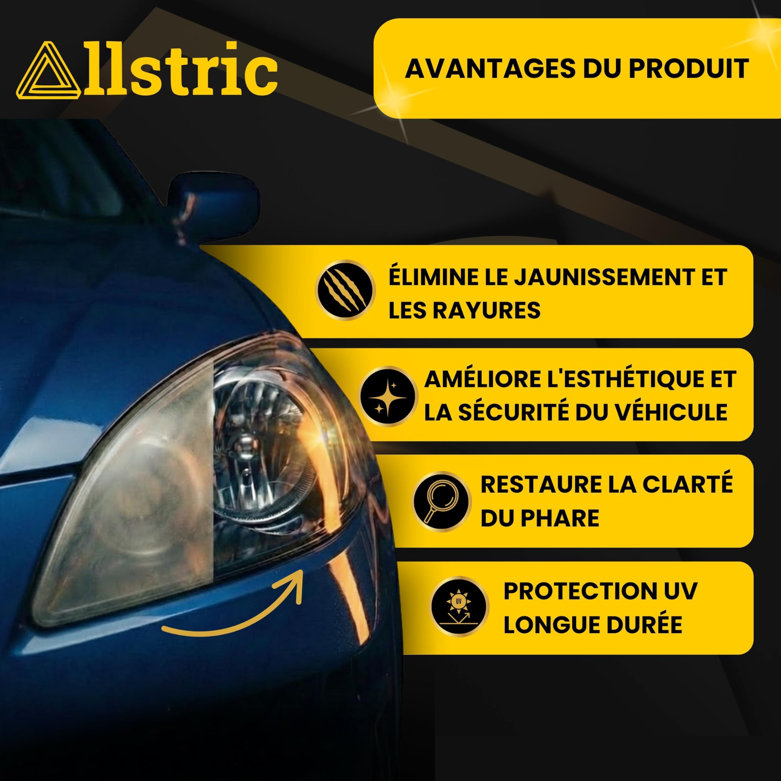 Kit Renovation Phare Voiture avec Vernis Phare Anti-UV et Polish Phare Voiture. Kit Polissage Phare Voiture Complet avec Produits de Nettoyage. Rénovateur Phare pour Meilleure Visibilité