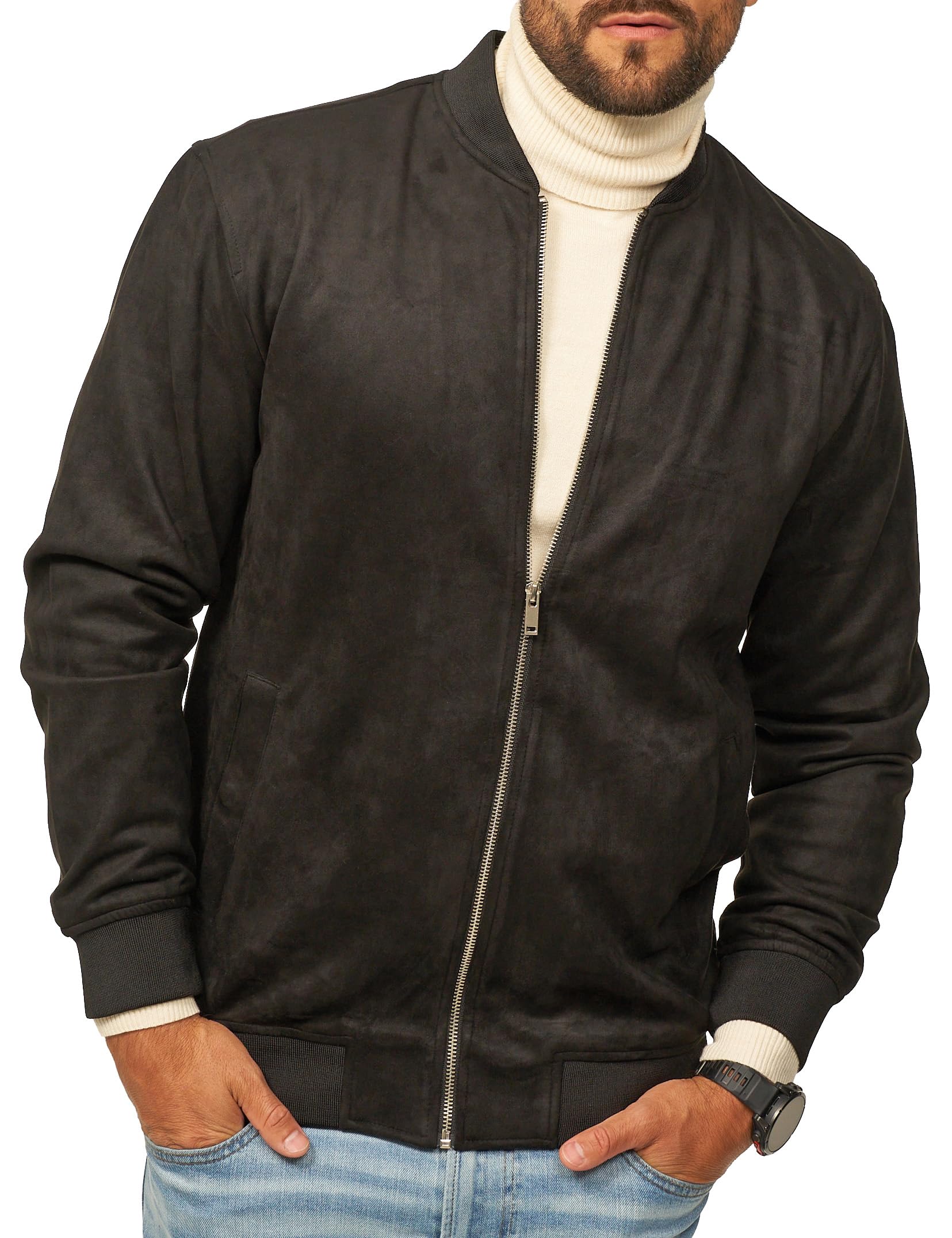 behype. Herren Blouson-Jacke als Weiche Übergangsjacke - Dünne Bomberjacke mit Baseball Stehkragen in Leder-Optik für Männer - Men's Jacket
