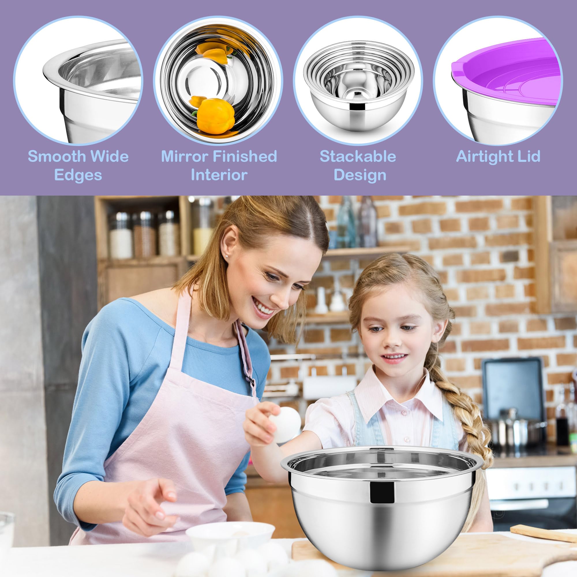 Joyfair Mixing Bowls Set of 5, Stainless Steel Nesting Salad Bowl with Airtight Lids - Image 4