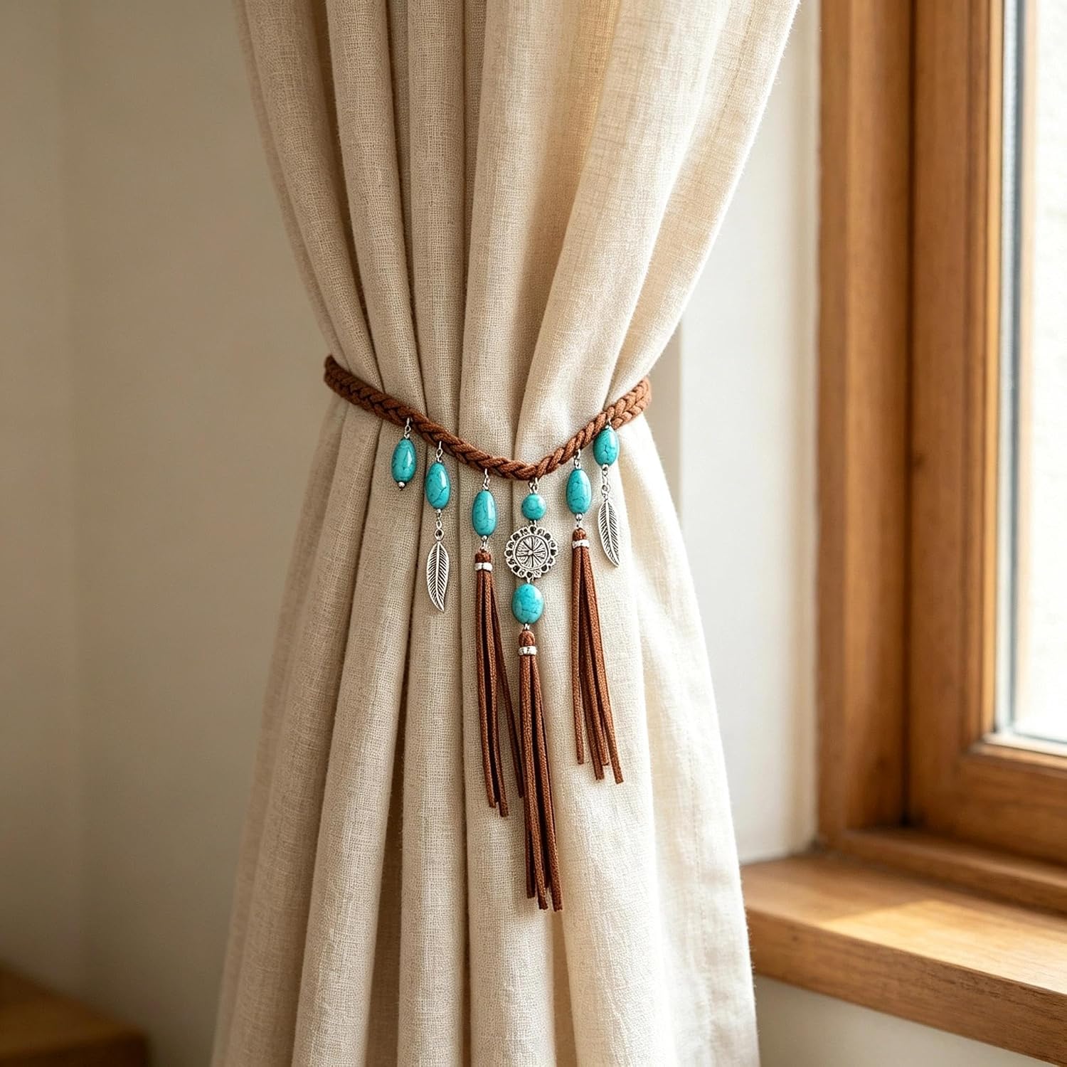 2 Pack Magnetic Curtain Tiebacks, Handmade Tassel Turquoise Woven Beaded Farmhouse Vintage Holdbacks, Western Boho French Country Drapery Ties No Drill for Bedroom Living Room Cottage Window Treatment