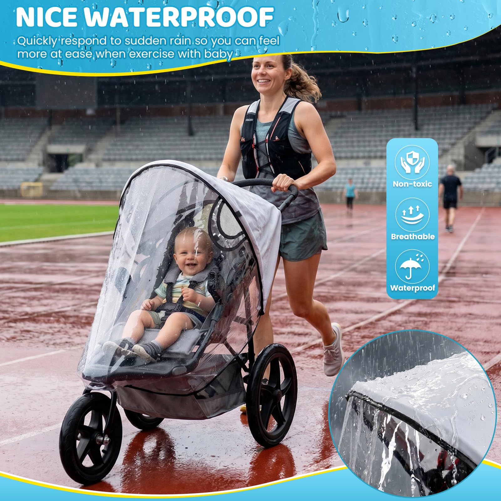 Funda impermeable para la lluvia para cochecito de correr, cubierta impermeable para la mayoría de los cochecitos de correr, protección contra la intemperie, EVA gruesa y PVC que protege del polvo y