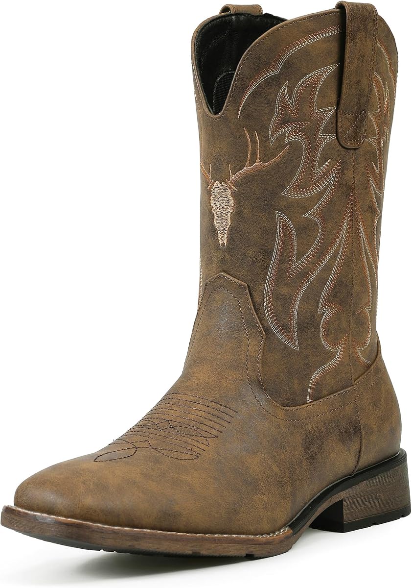 Cowboy Boots for Men Square Toe Western Boots Retro Classic Embroidered Pull On Boot