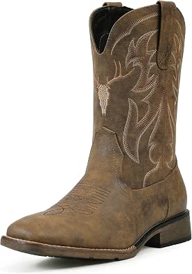Cowboy Boots for Men Square Toe Western Boots Retro Classic Embroidered Pull-On Boot