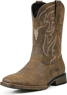 Cowboy Boots for Men Square Toe Western Boots Retro Classic Embroidered Pull On Boot