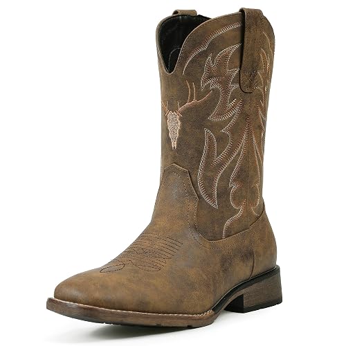 Rvminyta Cowboy Boots for Men Square Toe Western Boots Retro Classic Embroidered Pull On Boot