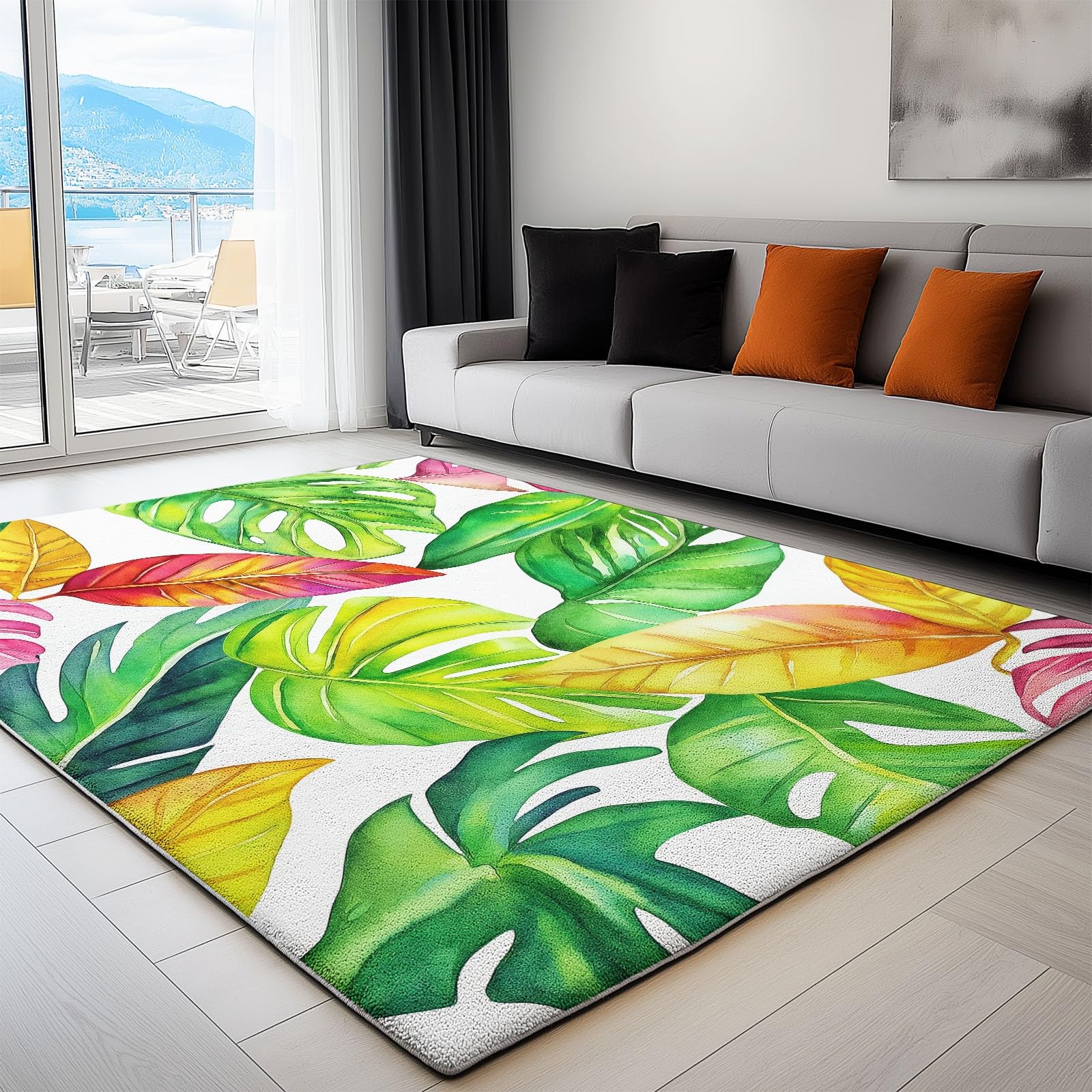 Tapis pour chambre 80x150 cm blanc aux feuilles tropicales vertes